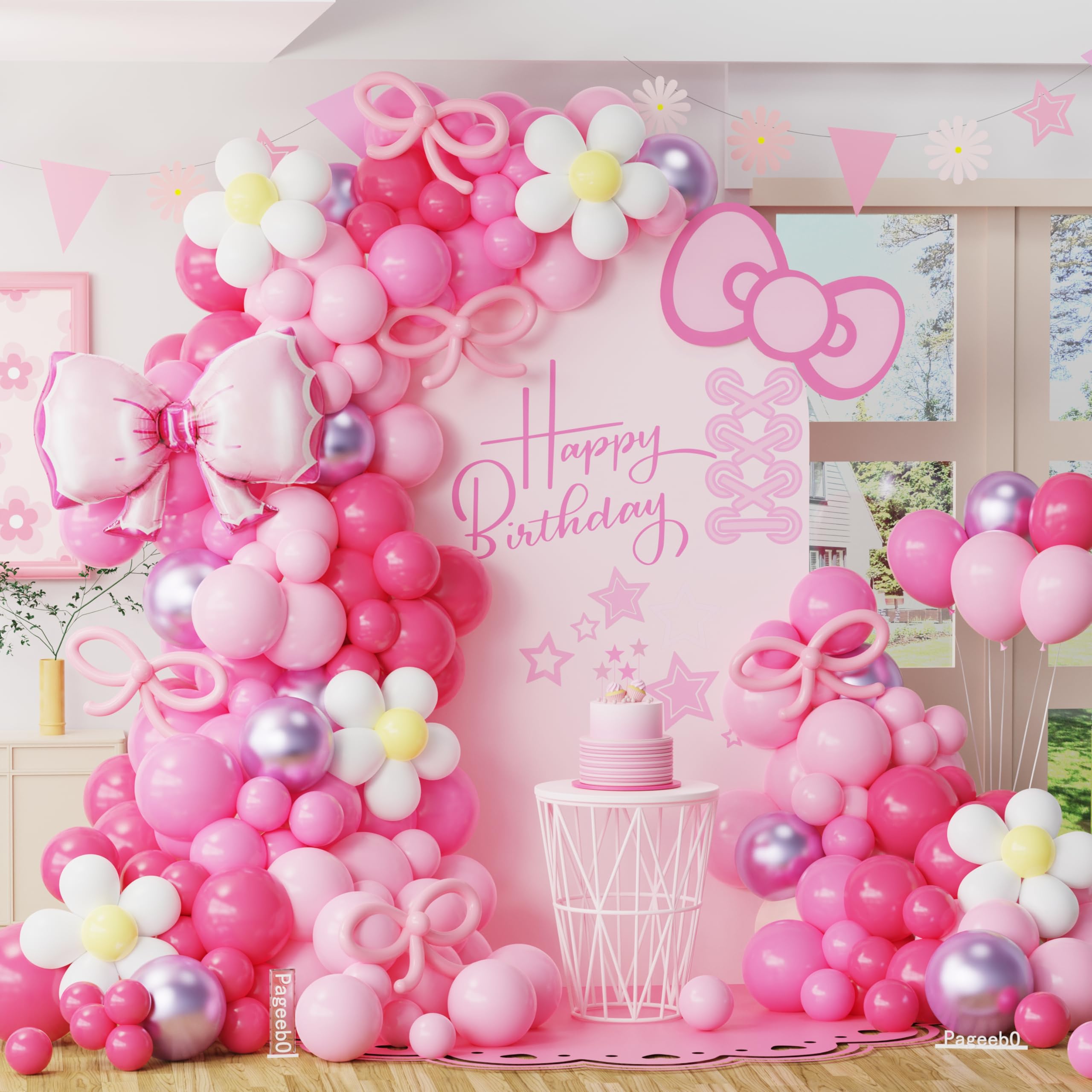 Kawaii Carton Cat Balloon Garland Arch Kit, 152Pcs Pastel Pink and Hot Pink Metallic Purple Balloons with Bow Foil Balloon for Baby Shower Supplies