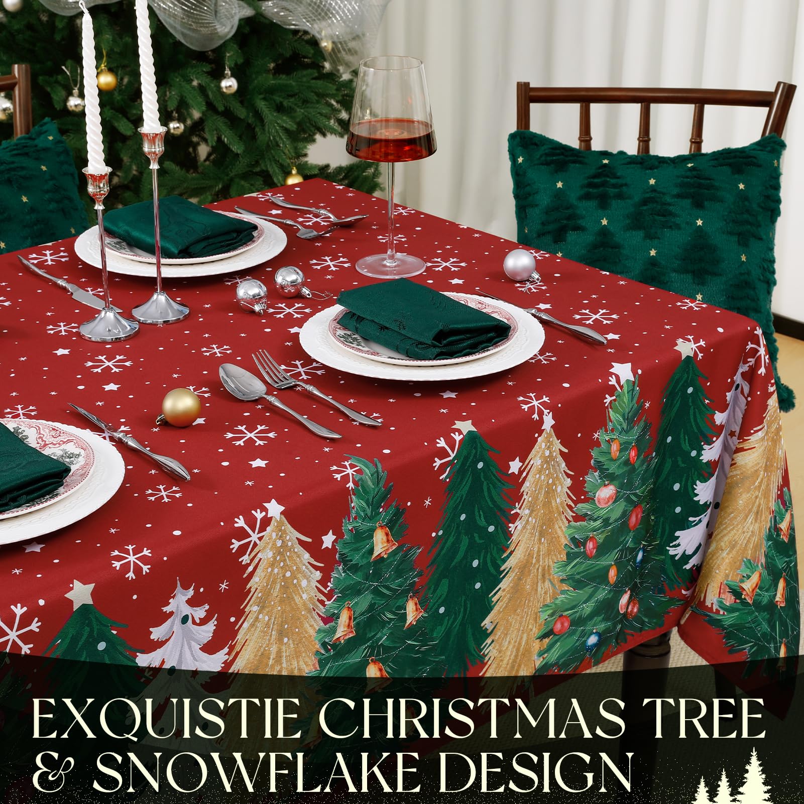 Nappe De Noël Anti Tâches Rouge - Taille : Rectangulaire 180x150cm - Père Noël/Sapin De Noël/Fleur De Noël - Nappe De Noel Pour Intérieur Ou Extérieur