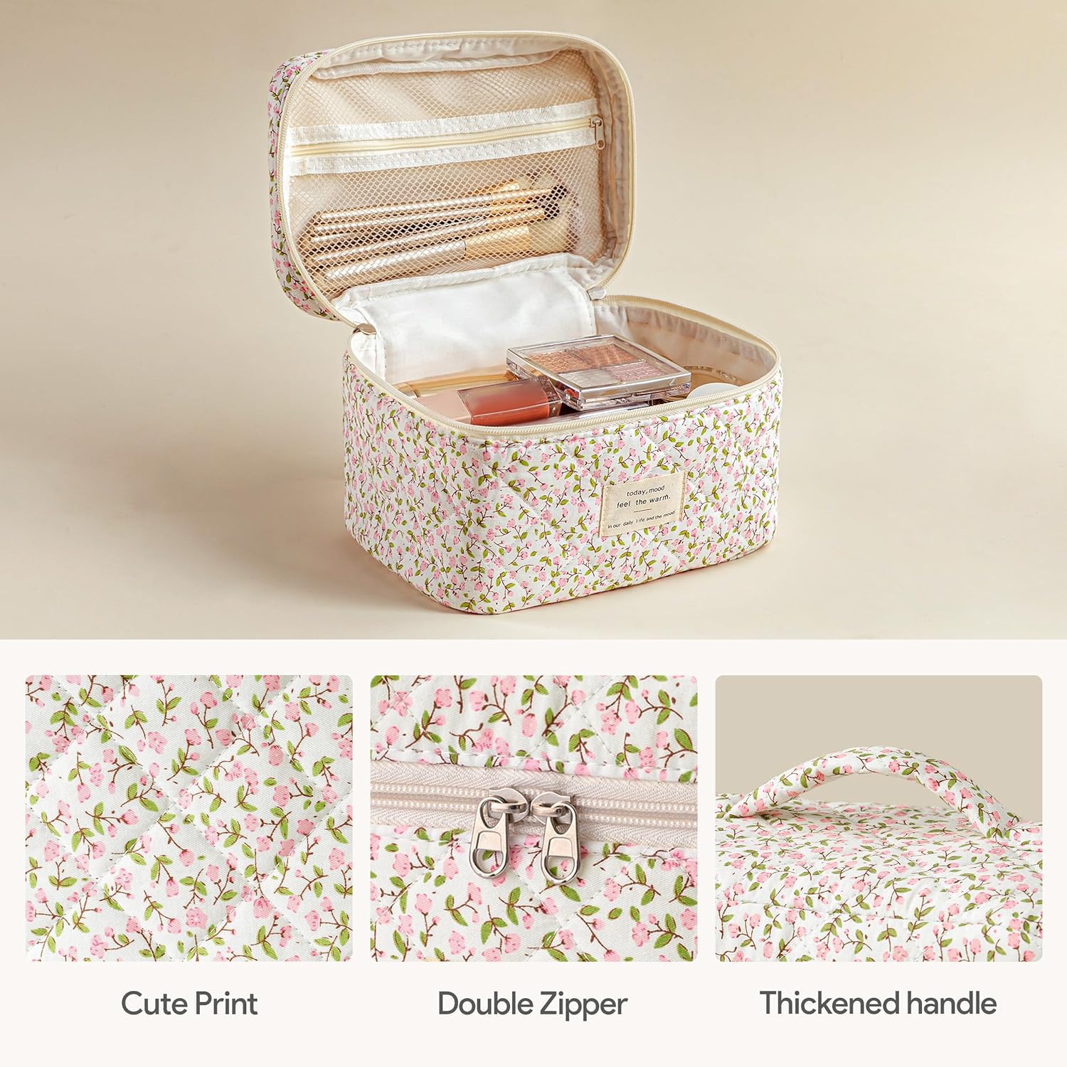HBselect Gesteppte Make-up-Tasche, Baumwolle, groß, Reise-Make-up-Tasche, niedliches Blumenmuster, Kokette, Kosmetiktasche, Kulturbeutel für Damen und Mädchen, 3 Stück, A-3 Stück, Blumenmuster 17