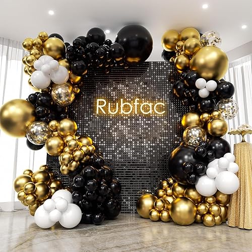 Miniatura 6 de RUBFAC Kit de 120 globos de confeti negro y dorado de 12 pulgadas, globos de fiesta metálicos dorados y negros con cintas para cumpleaños, bodas,