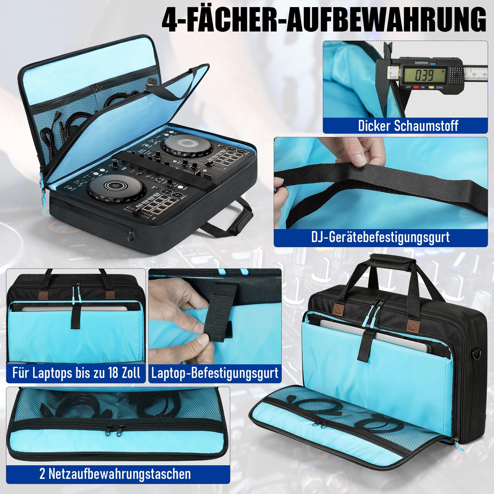 SUNDOY Sac de Transport pour DJ Compatible avec Les manettes Pioneer/Numark/Hercules - Mallette de Transport résistante aux Chocs avec bandoulière et Compartiments pour Accessoires, Noir, 55x32x12-CM