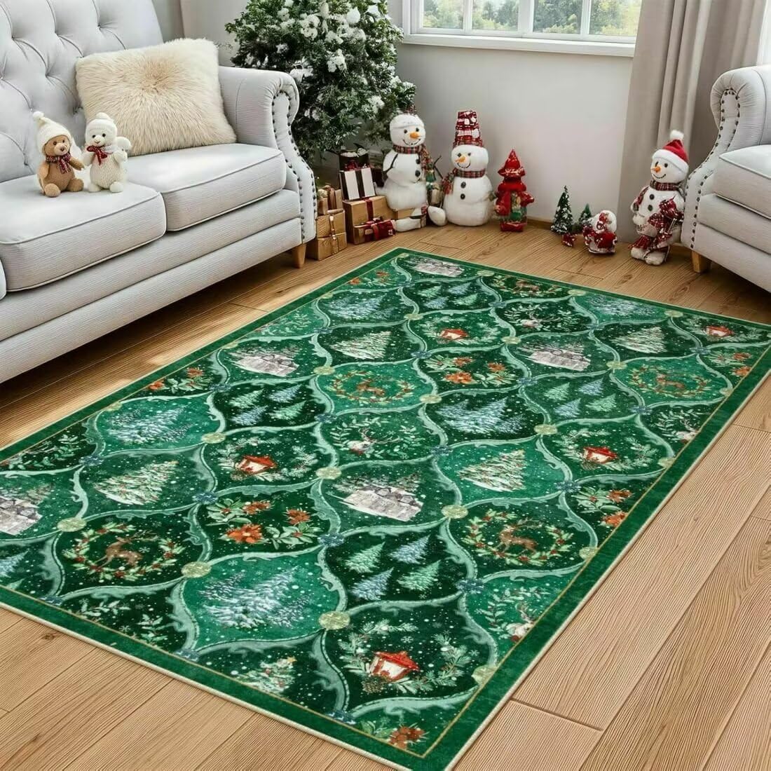 Tapis Priere Pliable Tapis Vert Motif de noël Salon Chambre antidérapant Confortable Sensation de Pied 120X200CM