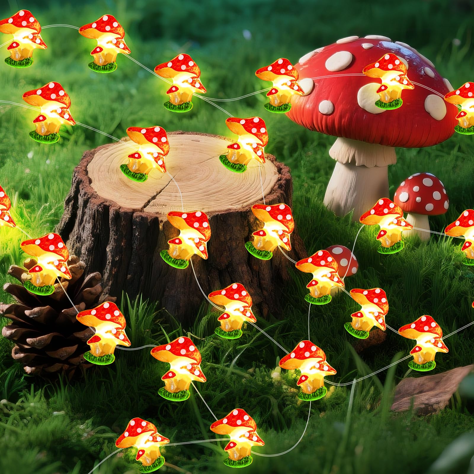 Aogist Mushrooms Decor String Lights, 16 ft 50 LED Battery Operated Fairy Lights Cute Mushroom Lamp for Bedroom Indoor Outdoor Lawns Garden Holiday Party Decorations (1 Pack)
