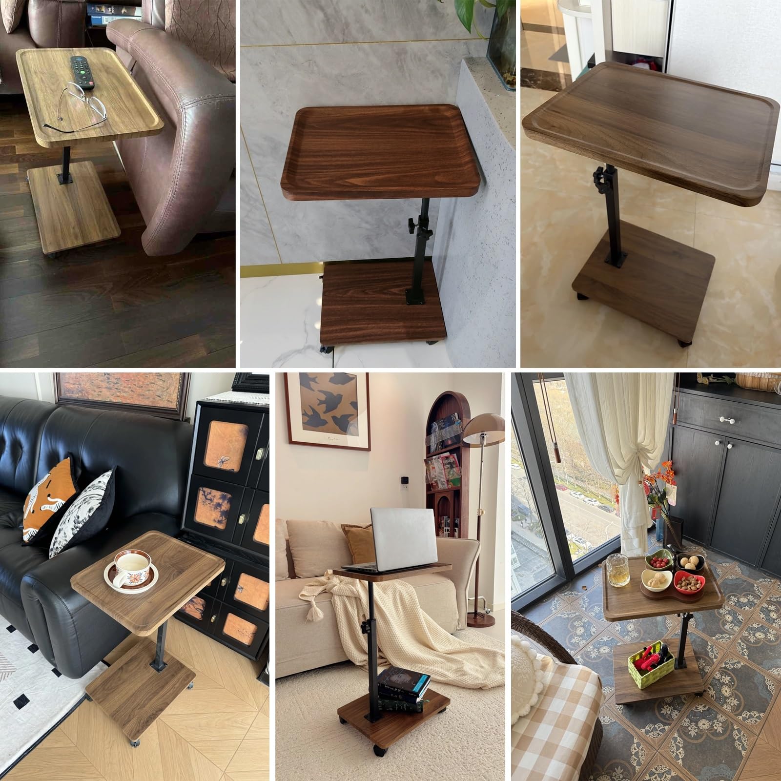 Mesas Auxiliares para Salon Modernas Altura Ajustable de 45-80 cm Mesa Auxiliar con Ruedas para Comer en La Cama Fácil Montaje para Oficina Sala de Estar Estudio Balcón(Brown)