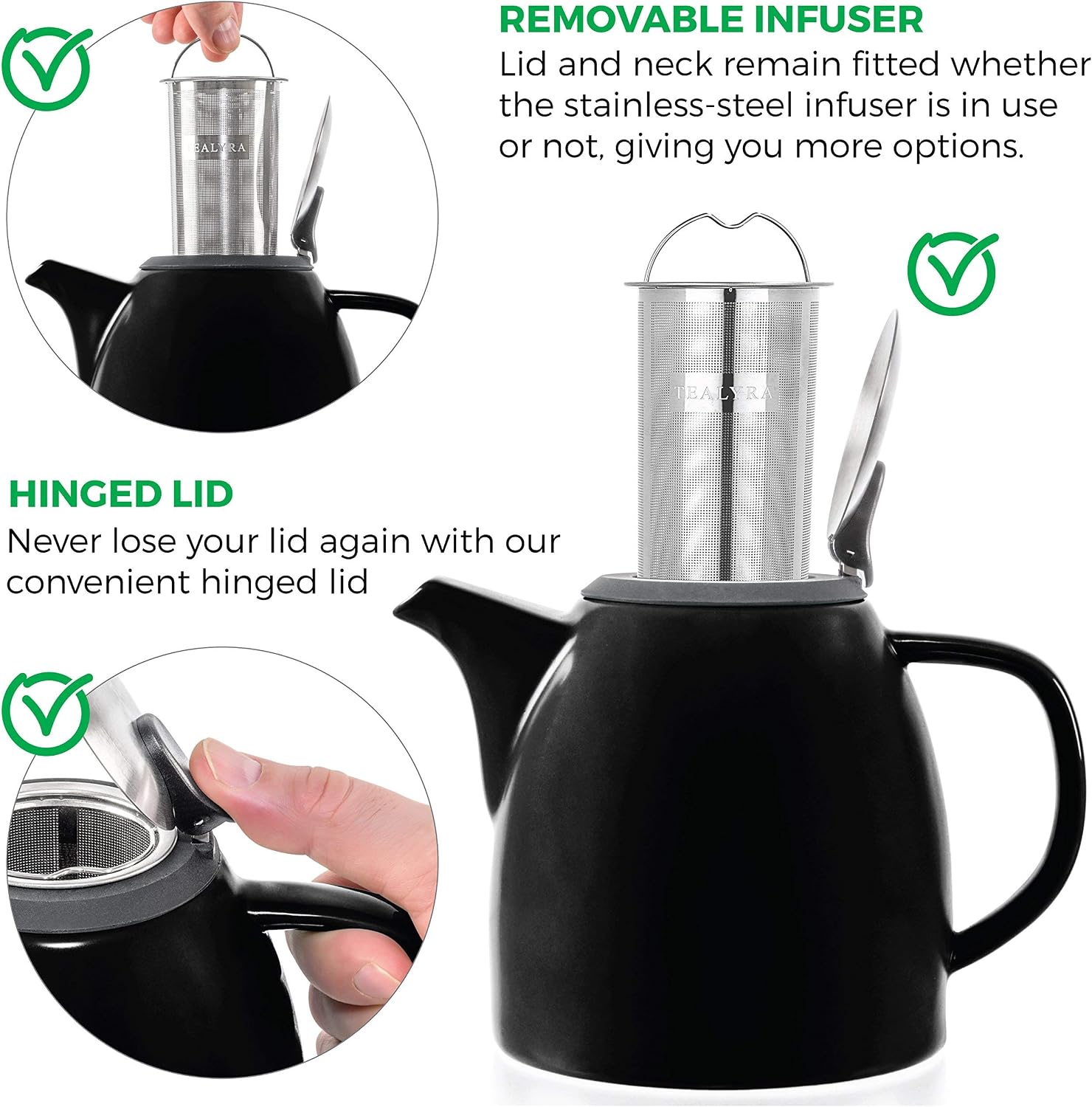 Tealyra - Drago Ceramic Teapot Black - 37oz (4-6 cups) - Large Stylish Teapot with Stainless Steel Lid Extra-Fine Infuser To Brew Loose Leaf Tea - Leed-Free - 1100ml