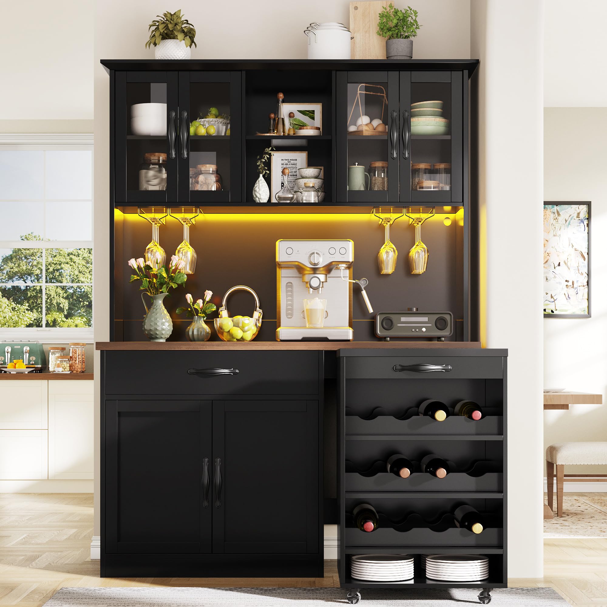 Mrwoo Multifunktions-Küchenschrank mit LED-Beleuchtung und Abnehmbarem Rollwagen, Buffetschrank mit Schrank und Schublade, Weinglashalter, Weinschrank, Schwarz-B, 140x38x180 cm
