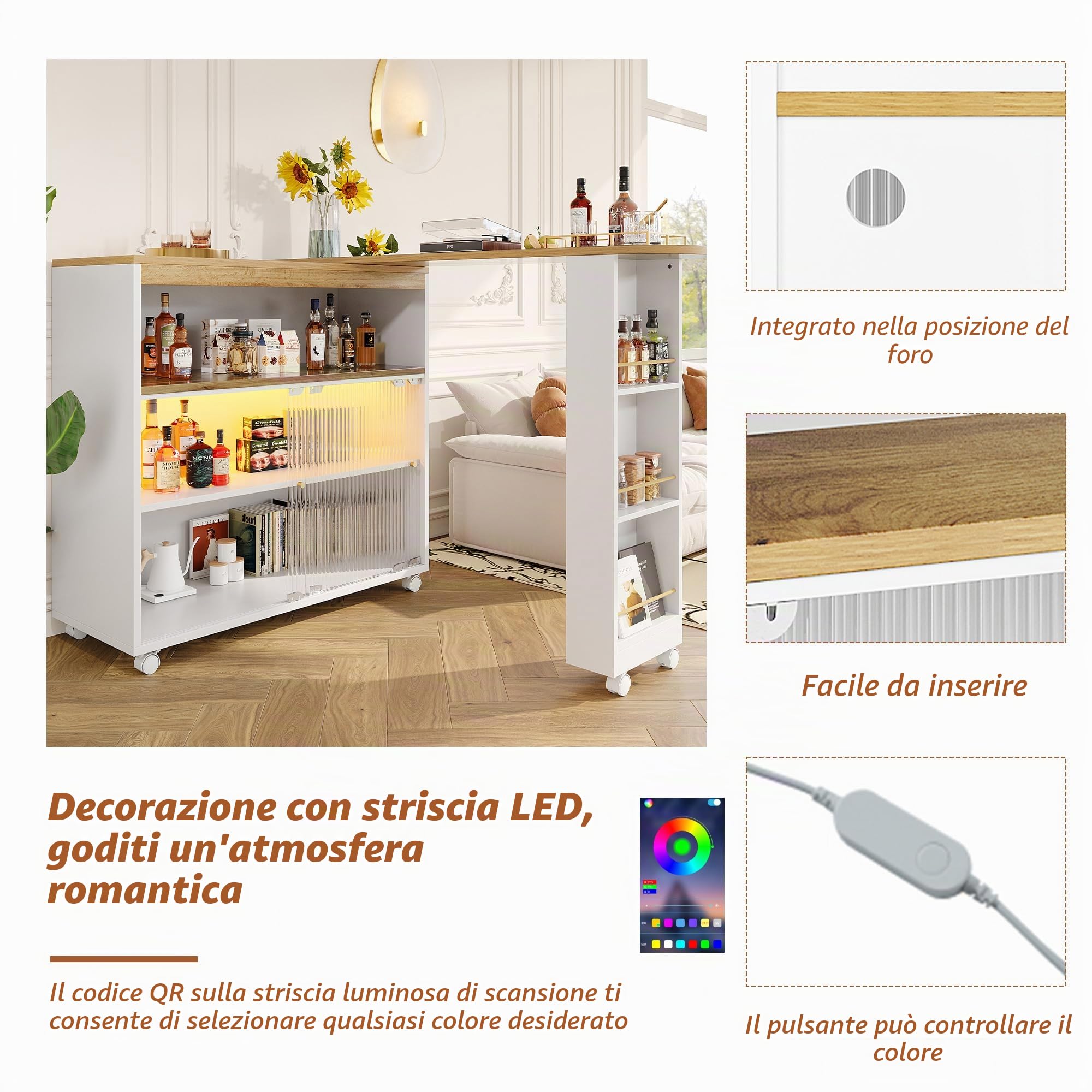 Tavolo da Bar Moderno e Mobile Con Spazio di Archiviazione, Telescopico Con LED, Bistrot da Cucina, Grande Capacità, 138-204 x 39 x 105 cm
