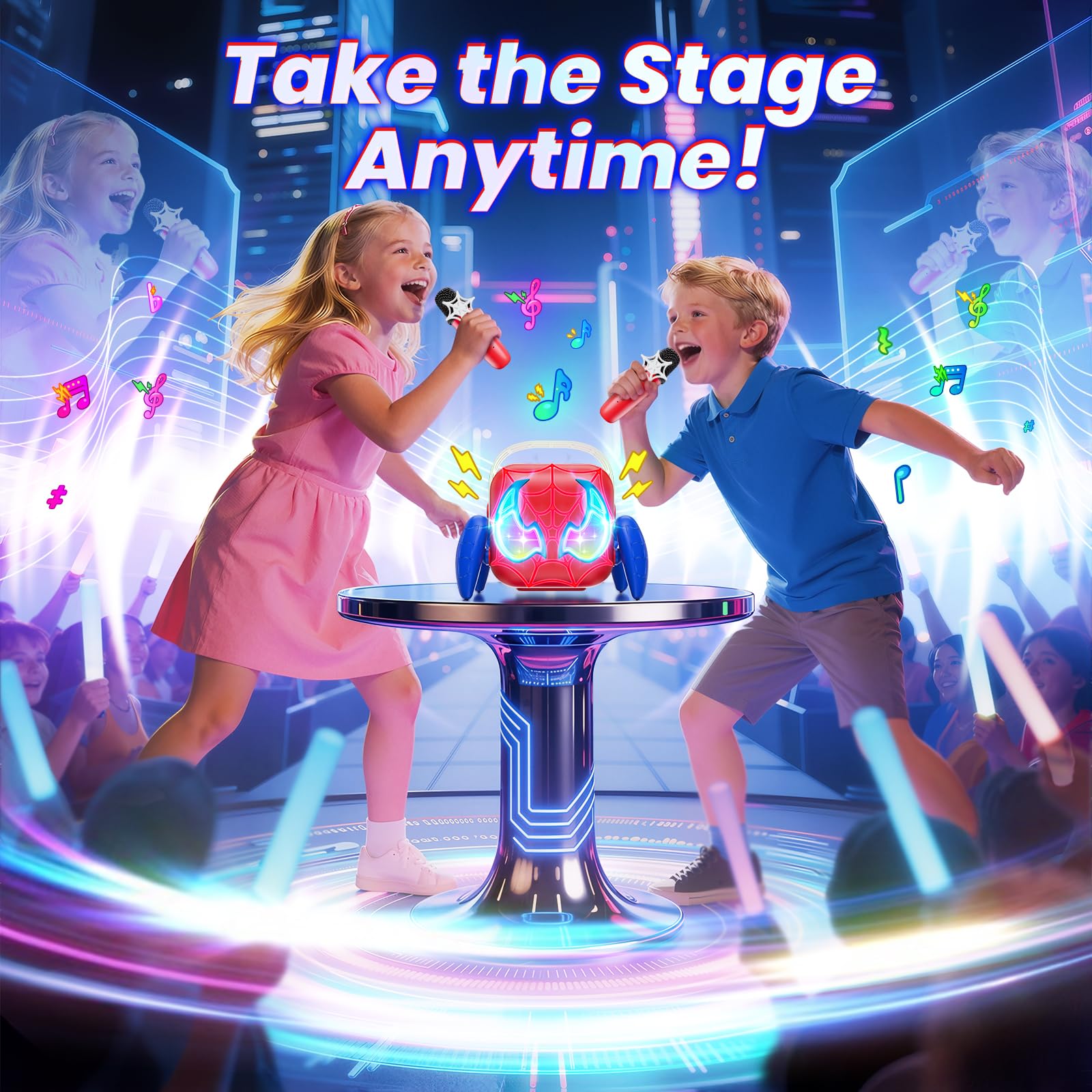 Karaoke per Bambini con 2 Microfoni Luci LED Regalo 3-12 Anni Maschio Giochi Compleanno Festa Natale
