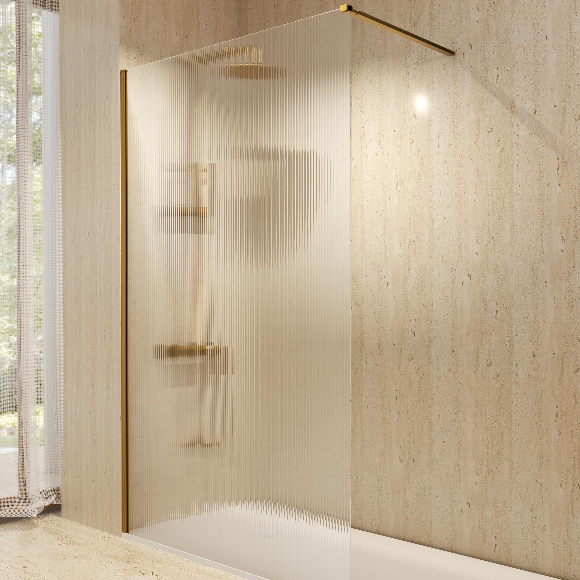 IMEX - Mampara Ducha Fija Dorada 80cm Frontal con Brazo de Sujeción | Mampara de Cristal Antical y Perfilería de Aluminio con 200cm de Altura | Vidrio con Grosor 8mm y Sistema de Montaje Fácil