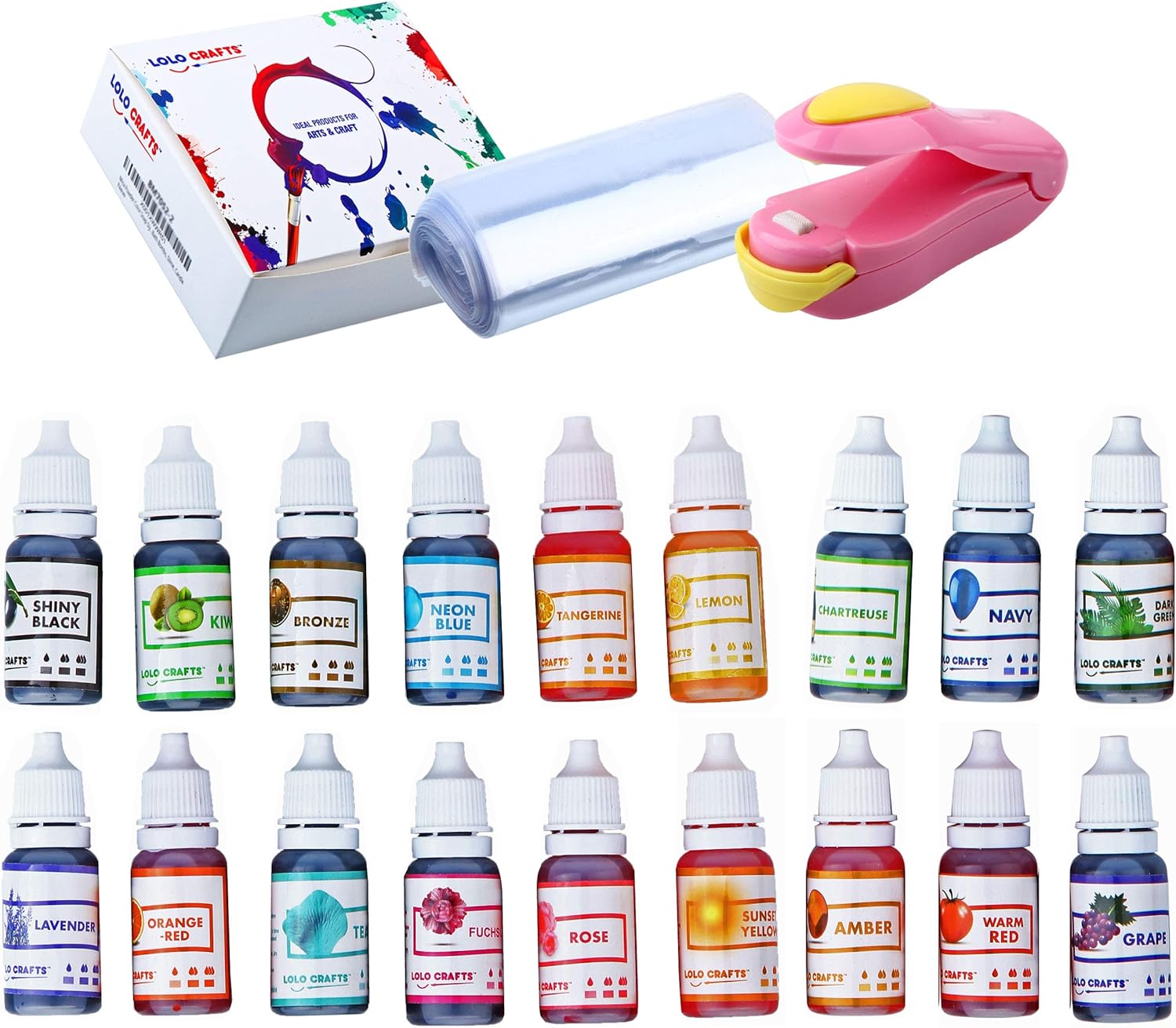 Natural Food Coloring and Soap Dye -Bundle of 12 (10ml) Liquid Bath Bomb Colorant 25 Wrap Bags 1 Sealer- Food Grade Skin Safe Dye for Slime Pigment Food Dye Bath Bombs DIY Making Crafts Supplies