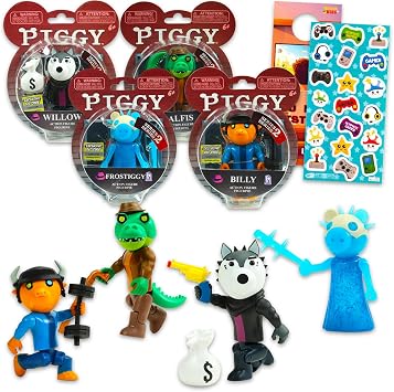 Piggy Action Figure 4 Pack - Bundle with 3.5" Figurines of Alfis, Billy, Frostiggy, Willow for Men and Women Plus Stickers | Piggy Collectible Figure for Adults