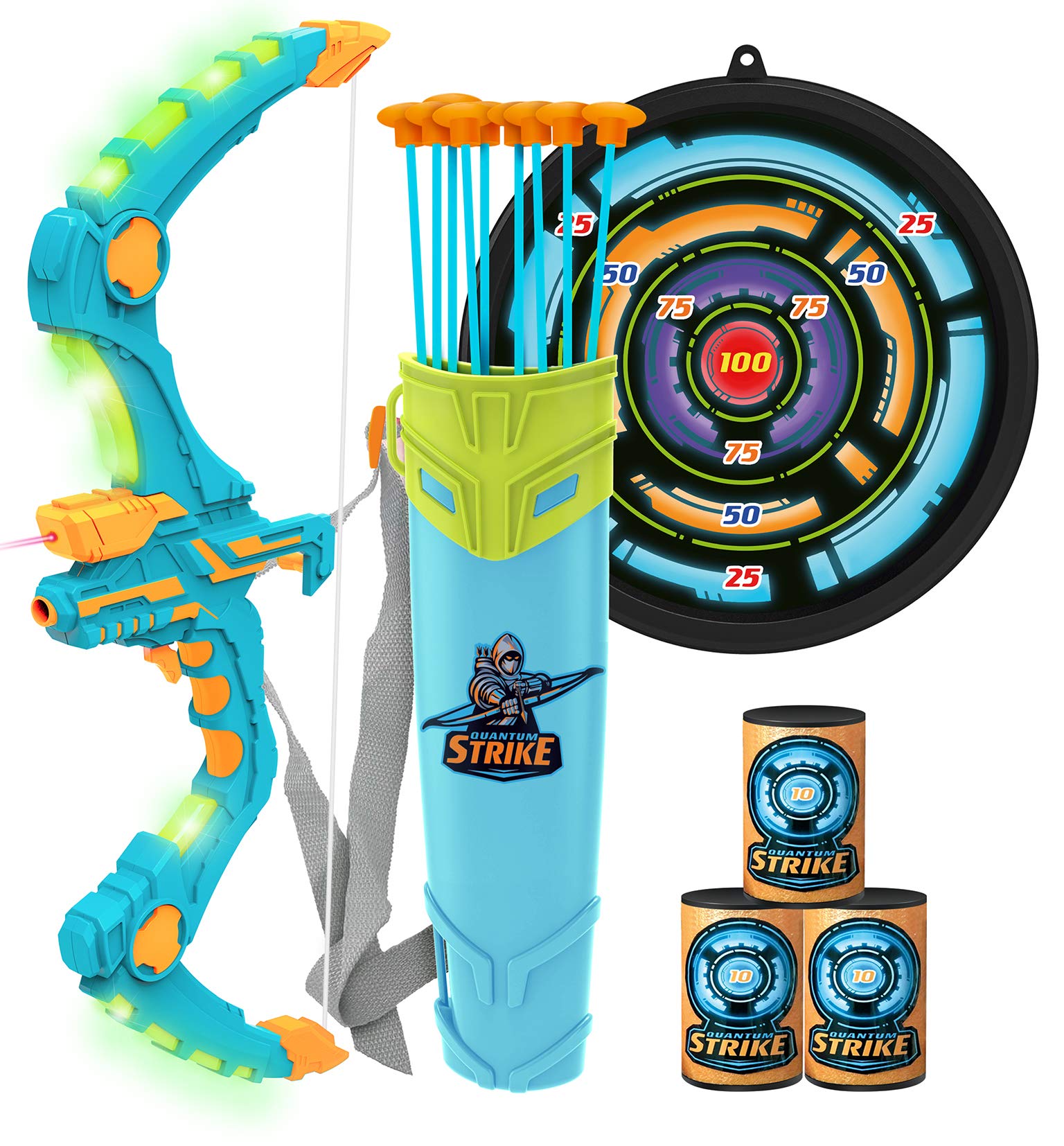 JOYIN Bow and Arrow for Kids, LED Light Up Archery Toy Set with 9 Suction Cups Arrows, Target and Arrow Case, Indoor and Outdoor Toys for Children Boys Girls(Green)