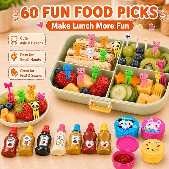 72 Pack Lunch Box Accessories, Including Mini Ketchup Bottle Bear Shaped Condiment Squeeze Bottles Small Sauce Containers Animal Food Picks for Travel Bento Box Picnic
