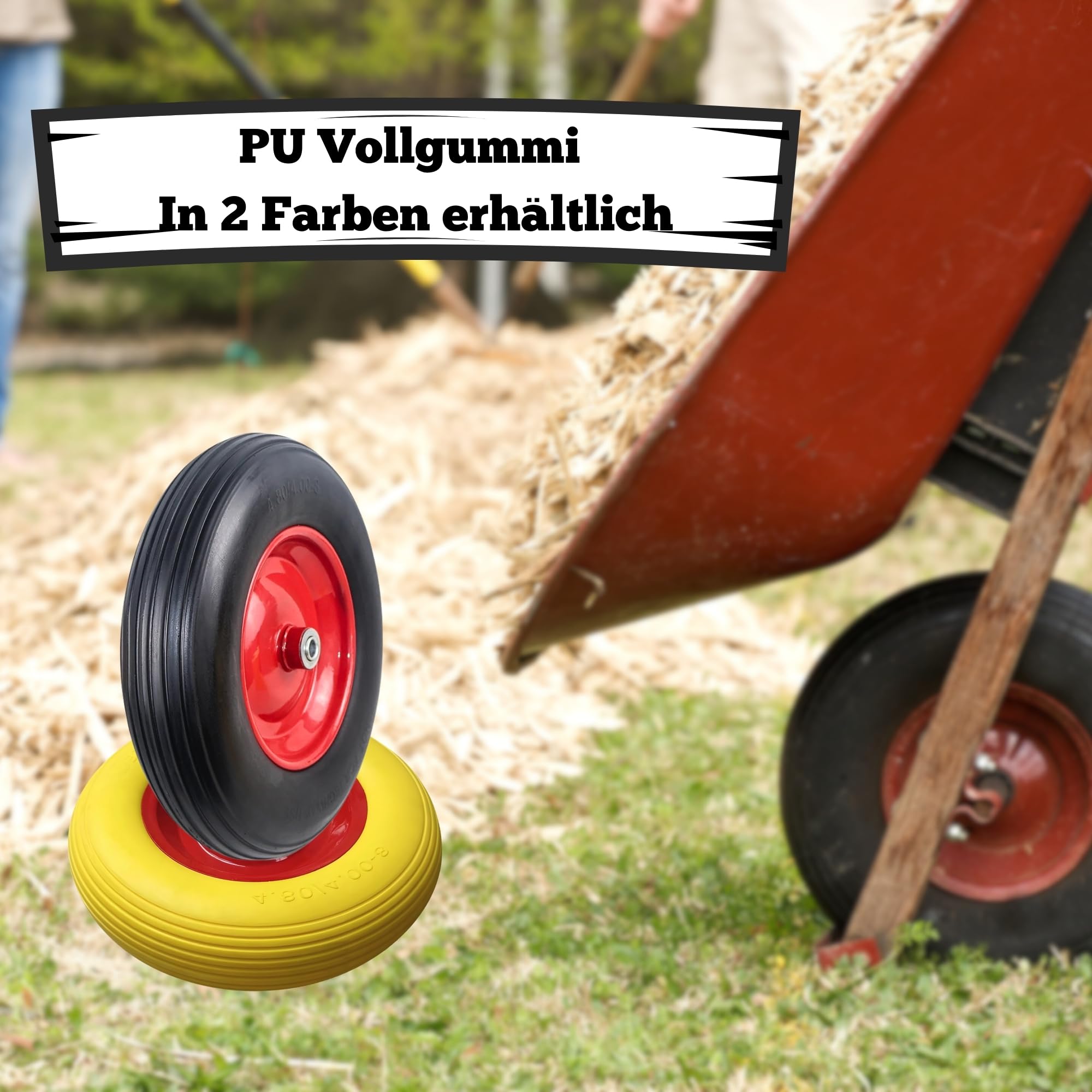 DIVID® Schubkarrenrad PU Vollgummiertes Ersatzrad, Pannensicher, Ersatzrad, Vollgummireifen, 4.80/4.00-8 Ø 390mm Durchmesser auf Stahlfelge (Schwarz)