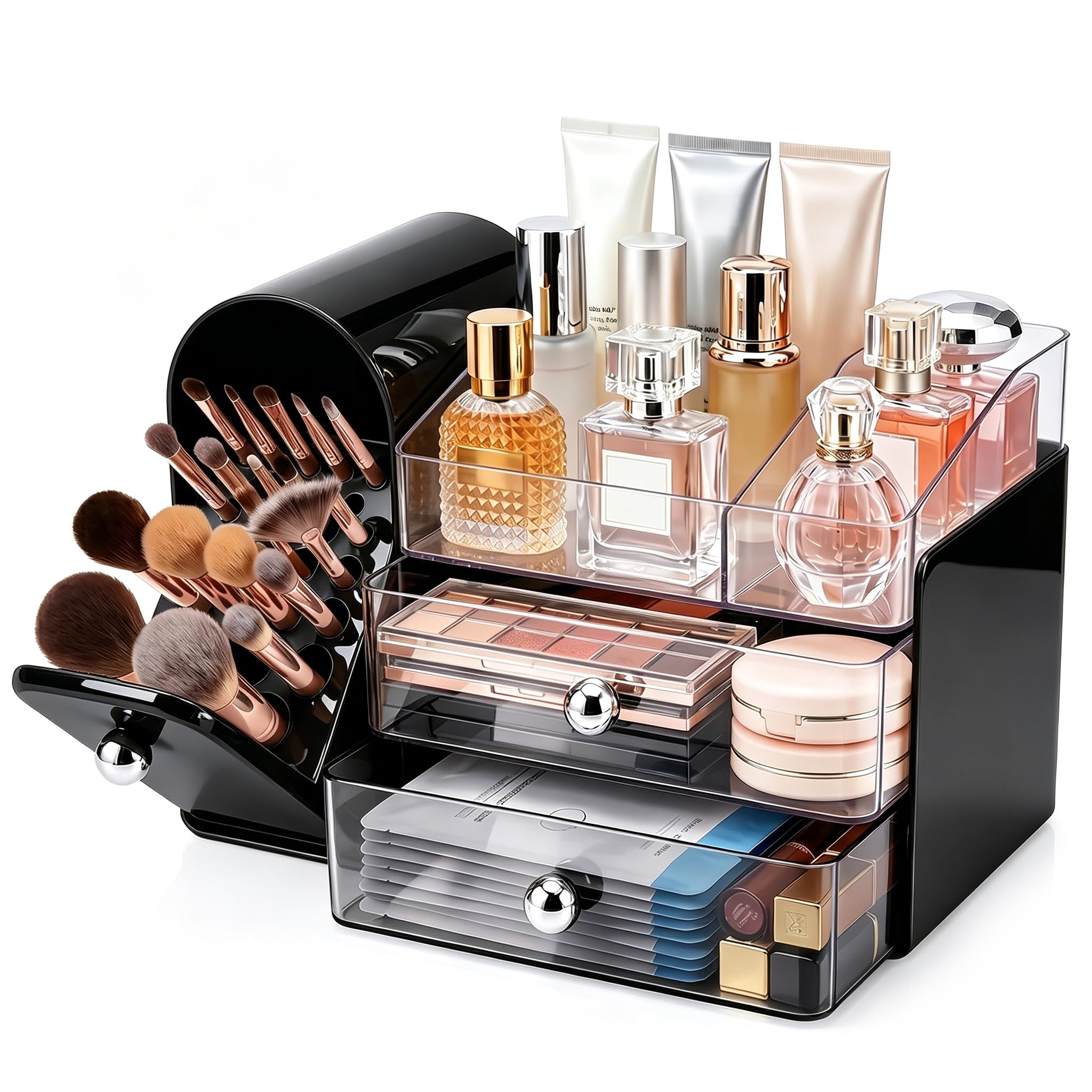 Organizador de brochas de maquillaje con tapa a prueba de polvo de cierre completo, organizador de cosméticos de tocador con 2 cajones para tocador o encimera de baño