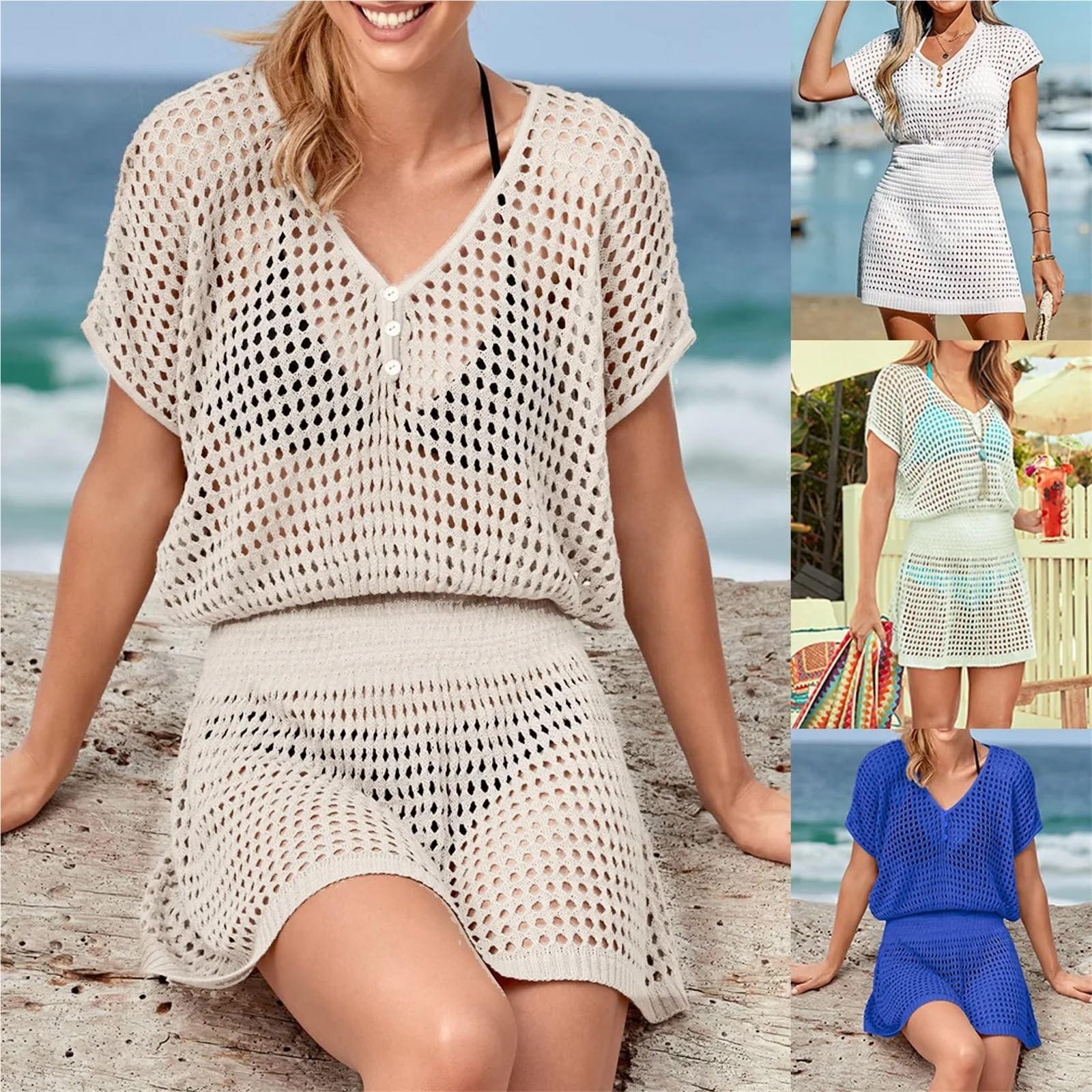 Copricostumi, Abito da spiaggia copricostume scolpito in maglia intrecciata da donna for le vacanze multicolore S-XL