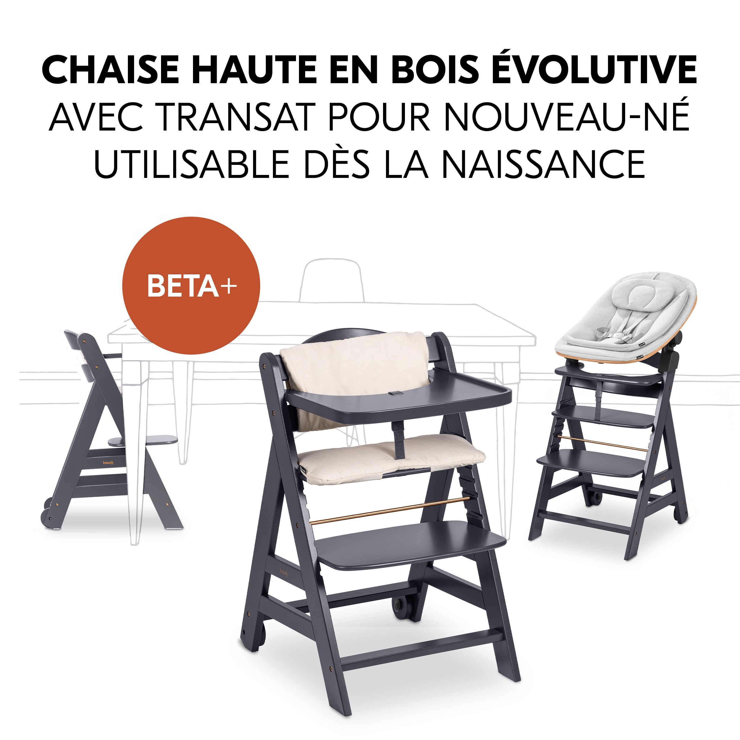 hauck Chaise Haute Bébé Beta+ avec Siège Nouveau-né Eco - Dark Grey | Chaise haute évolutive en bois, de la naissance à 90 kg, inclus assise bébé ergonomique, roues, plateau repas, coussin