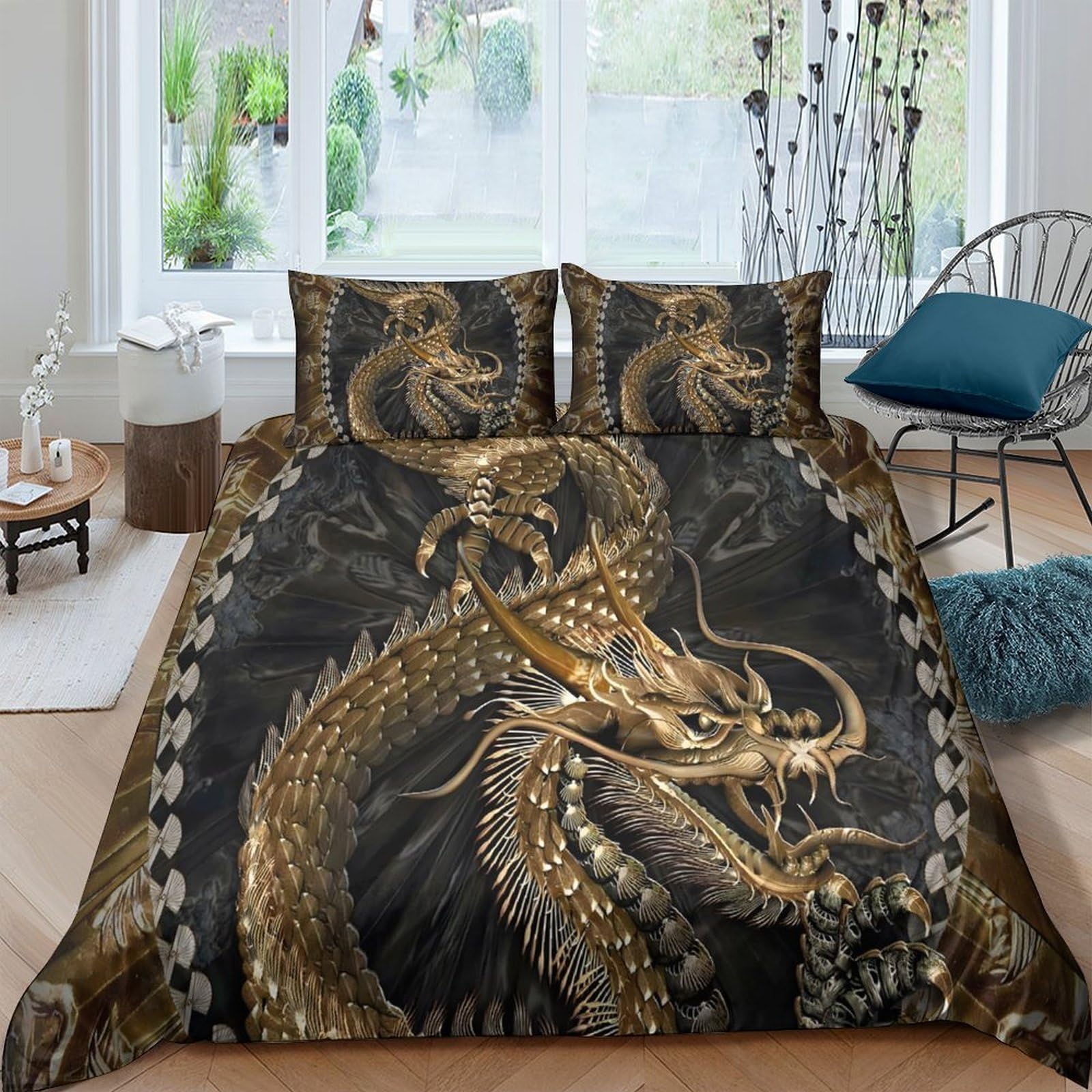 Ctjqhvkz Style-1 3D Printed Golden Dragon Fitted Sheet Microfiber Black Chinese Art Mattress Cover For Bedroom Guest Room Dorm Easy Care Single（135X200cm）
