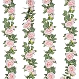 TELDRASSIL 4Pcs(26 FT) Artificial Rose Vine Fake Flower Garland Fake Silk Rose Hanging Vine for Wedding Party Background Arch Garden Background Decoration (Pink)