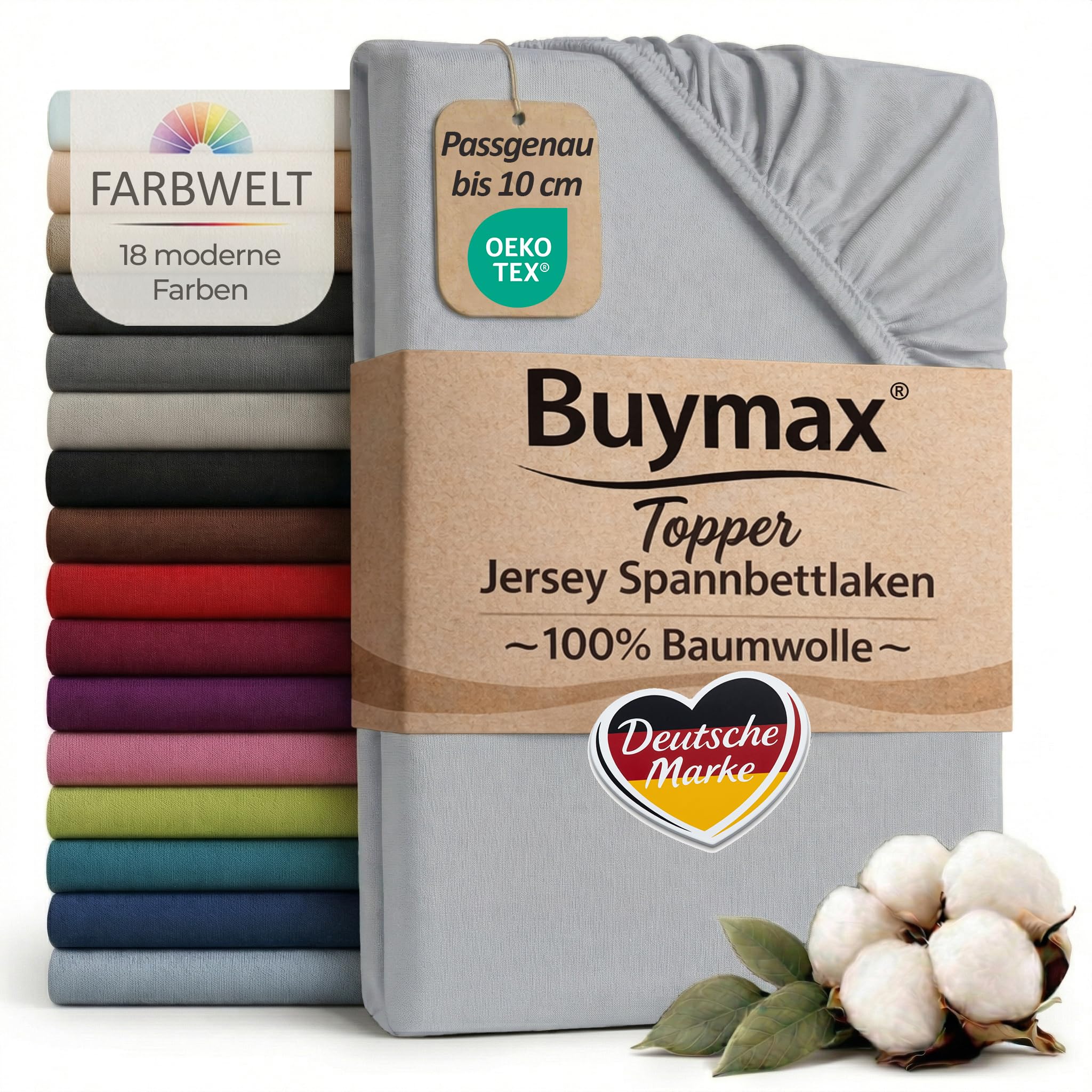 Buymax Jersey Topper Spannbettlaken aus 100% Baumwolle – Spannbetttuch für Topper bis 10 cm Höhe (18 cm Steg), atmungsaktiv, elastisch, Oeko-TEX