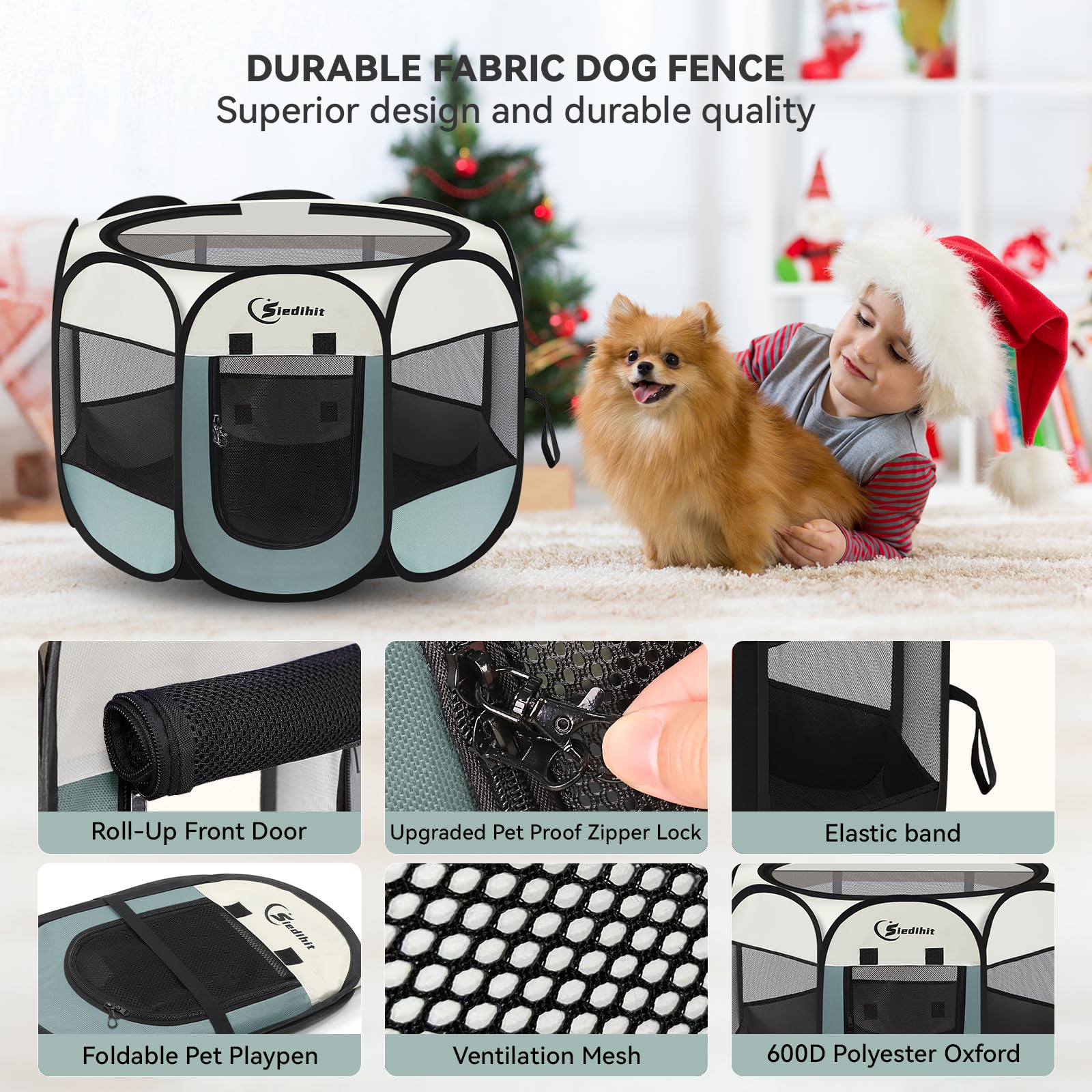 Siedihit - Recinto pieghevole grande per cani, gatti, conigli e cuccioli, per interni ed esterni, portatile, con custodia per il trasporto, parte superiore rimovibile con cerniera, M, grigio
