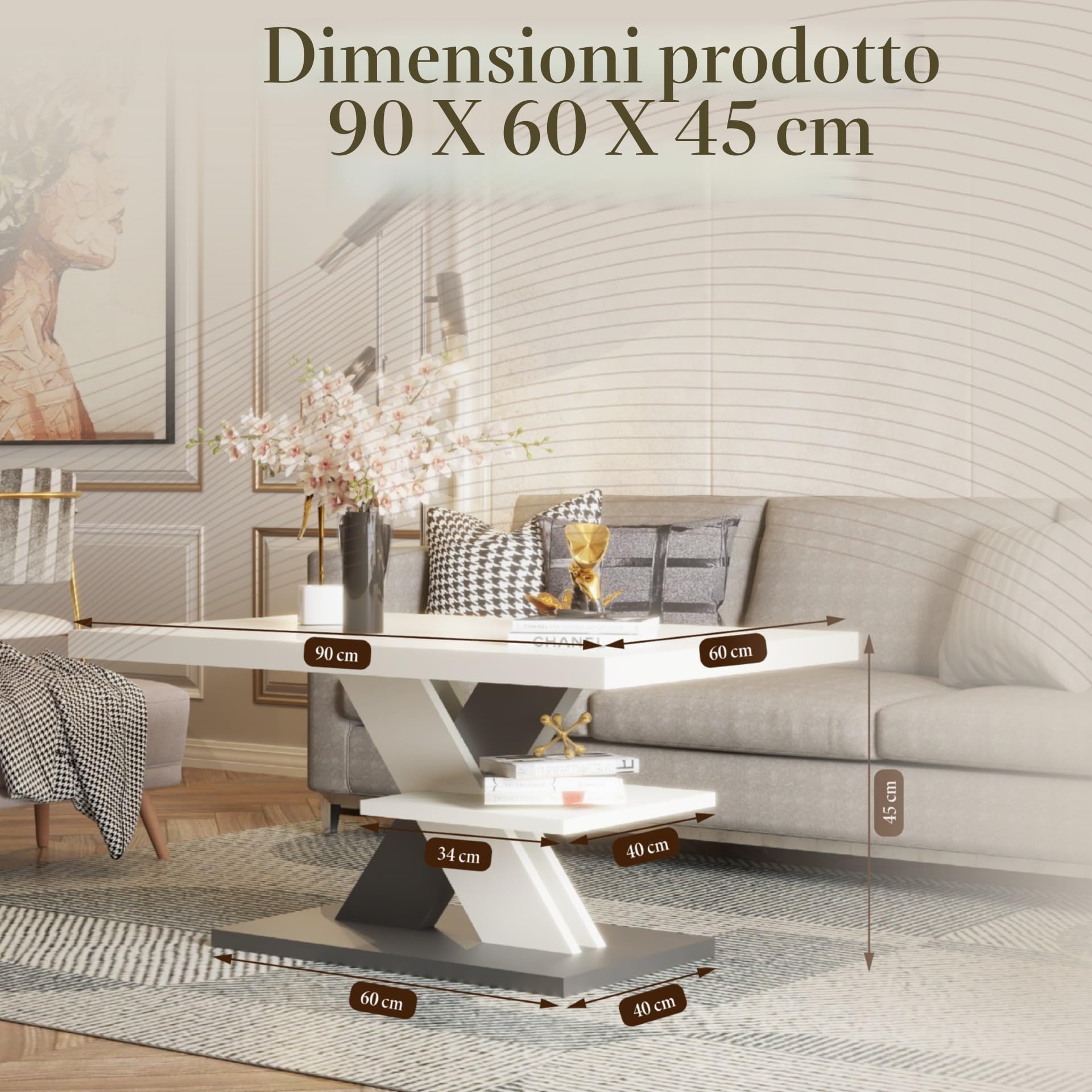 Viosimc Tavolino da Salotto Moderno Bianco e Grigio con Ripiano Tavolo Soggiorno Elegante, Complemento Arredo Contemporaneo 90x60x45 cm