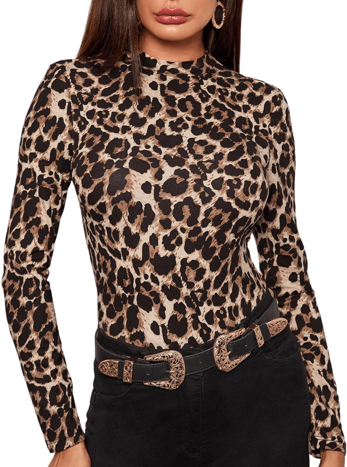 Women's Long Sleeve Mock Neck Slim Snakeskin T-Shirt Tops