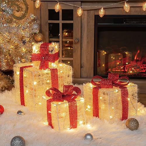 Miniatura 7 de Juego de 4 cajas de regalo iluminadas, 3.3 pies, 70 luces LED, apilables, cajas de regalo para decoraciones de Navidad, interiores y exteriores,
