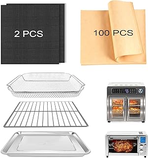 5-Piece Air Fryer Accessories Set for Emeril Lagasse 26QT, Includes Baking Pan, Air Fryer Basket, Rack, 2 Non-Stick Mats & 100 Parchment Papers, Stainless Steel Bakeware Set