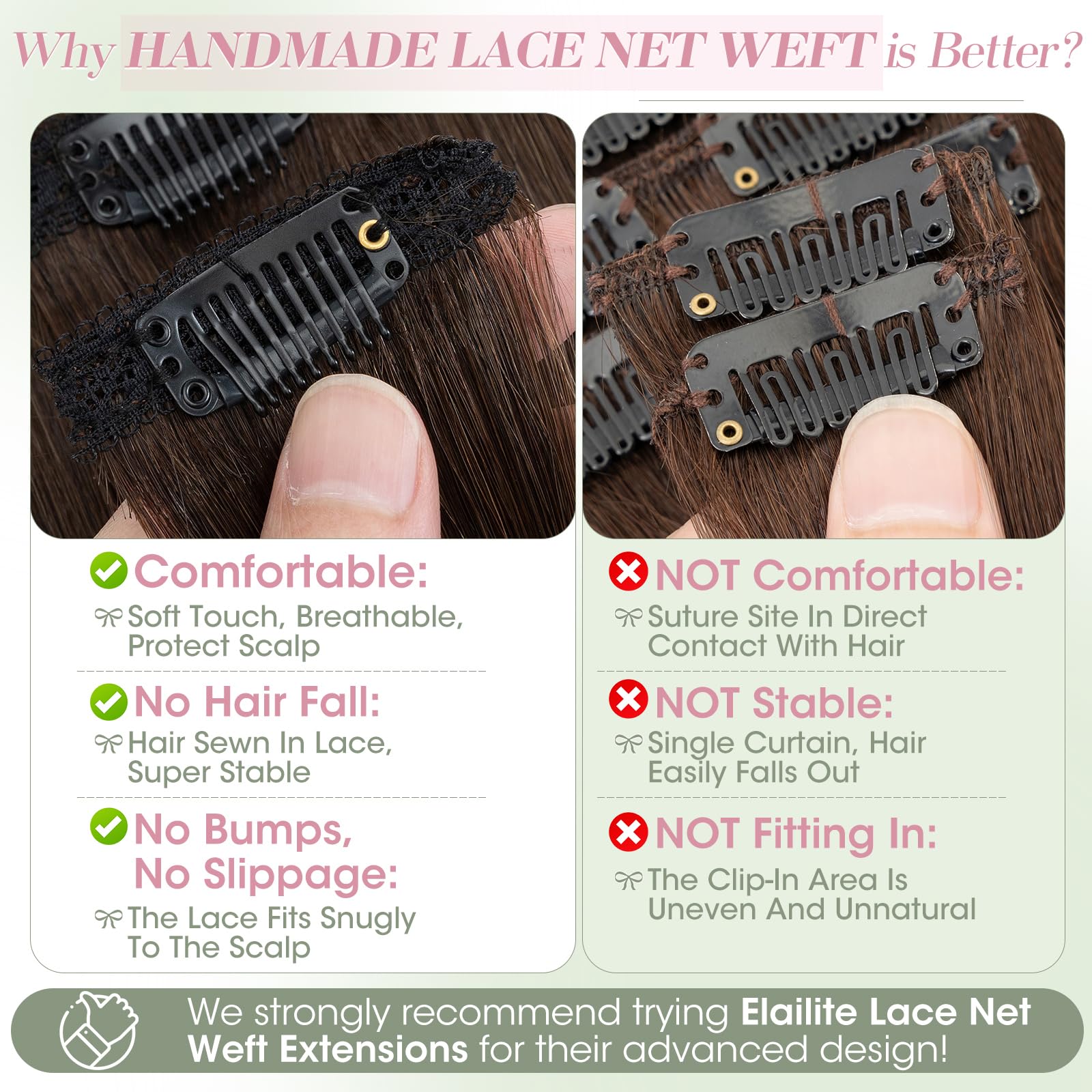 Elailite Echthaar Extensions Clip Silk Lace in Tressen 5Stücke Haarverlängerung Haarteile Unsichtbar 55g 55cm für Volumen/Meches #2R Dunkelbraun