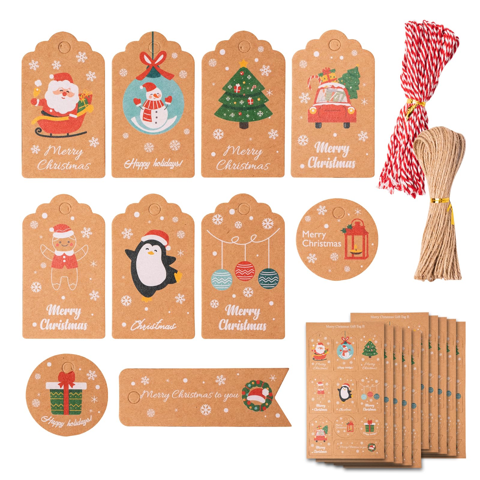 Etichette Regalo Natale - 50 Pezzi Carta Kraft Con Spago, Motivi Natalizi, Per Pacchi Fai Da Te