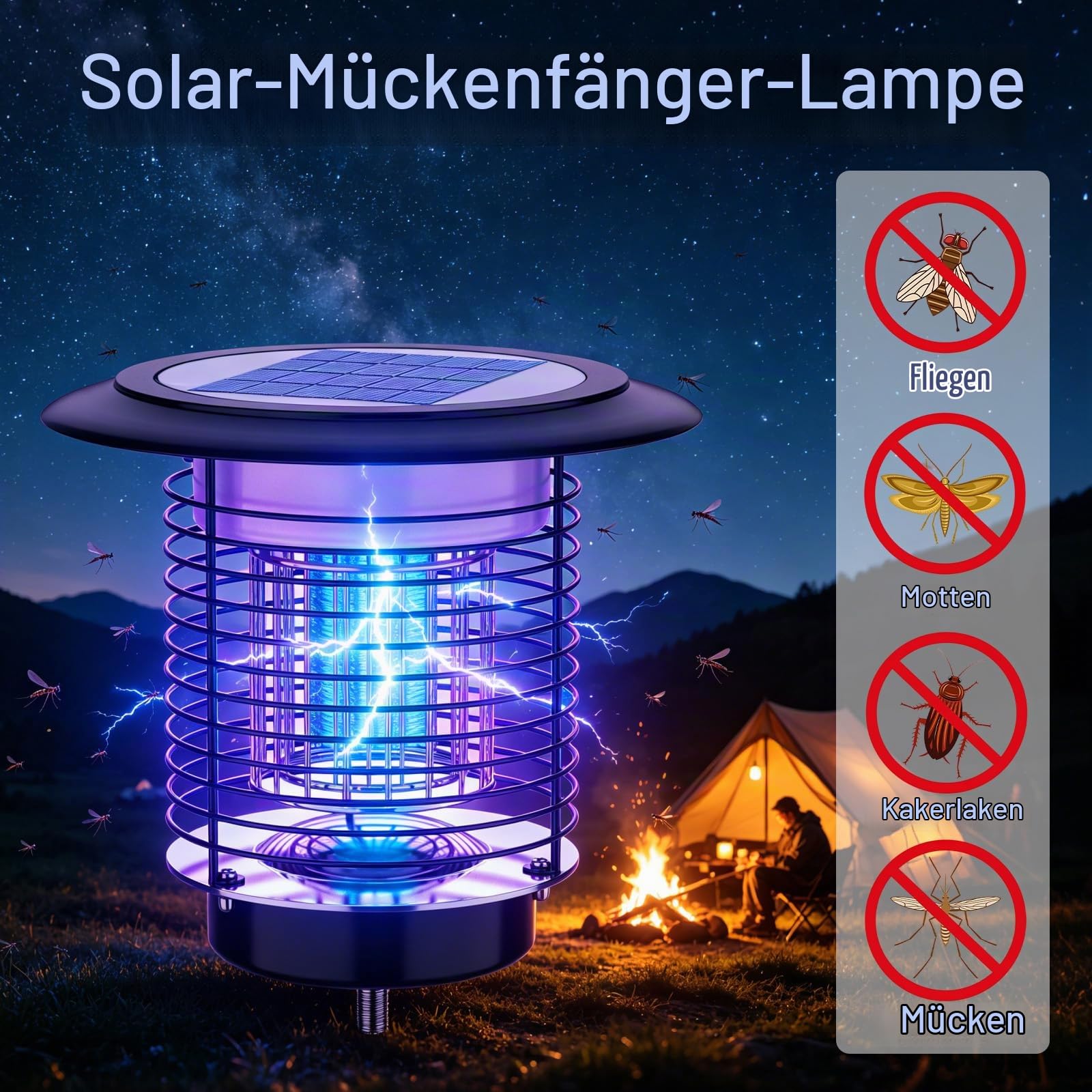 Solar Mückenlampe 2-in-1 – 3500V Hochspannung, 4400mAh Akku, 150㎡ Abdeckung – IPX5 Wassergeschützt & UV-Licht – Effektiver Insektenvernichter mit Gartenbeleuchtung – Für Terrasse, Garten, Camping
