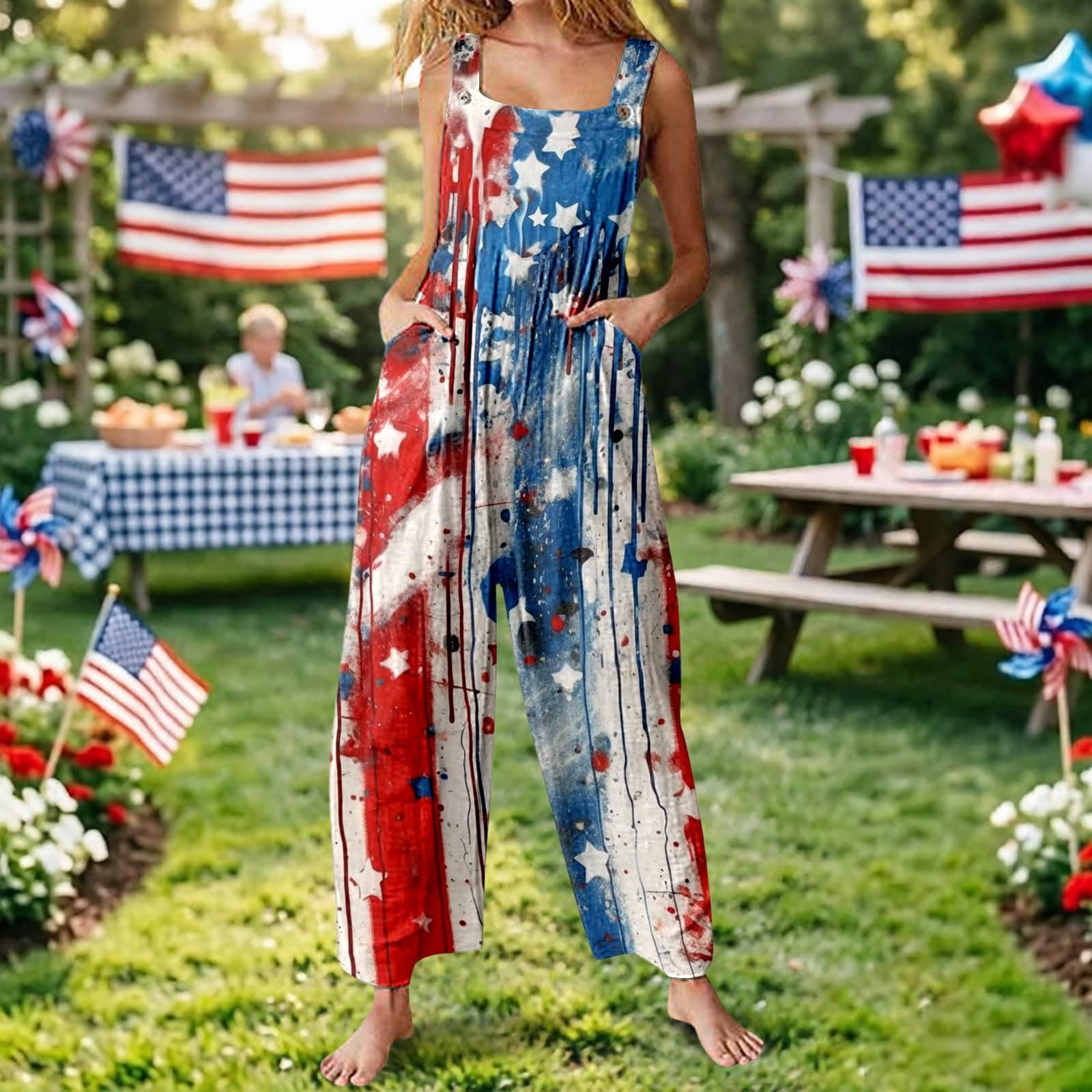 WWricotta Elegante mono con estampado de estrellas para el Día de la Independencia, con ajuste cómodo, mujer, sin mangas, pantalón corto, bolsillos, para un look festivo y despreocupado, verano