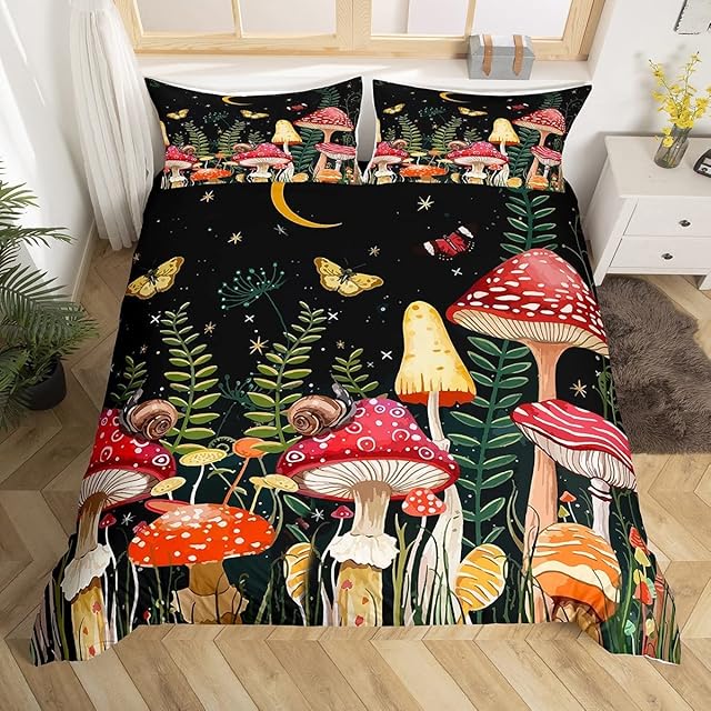 Loussiesd Kids Mushroom Bedding Set Natural Wild Fungus Duvet Cover Set for Kids Boys Girls Botanical Plants Comforter Cover Butterfly Quilt Cover King Size, Multicolored 14412