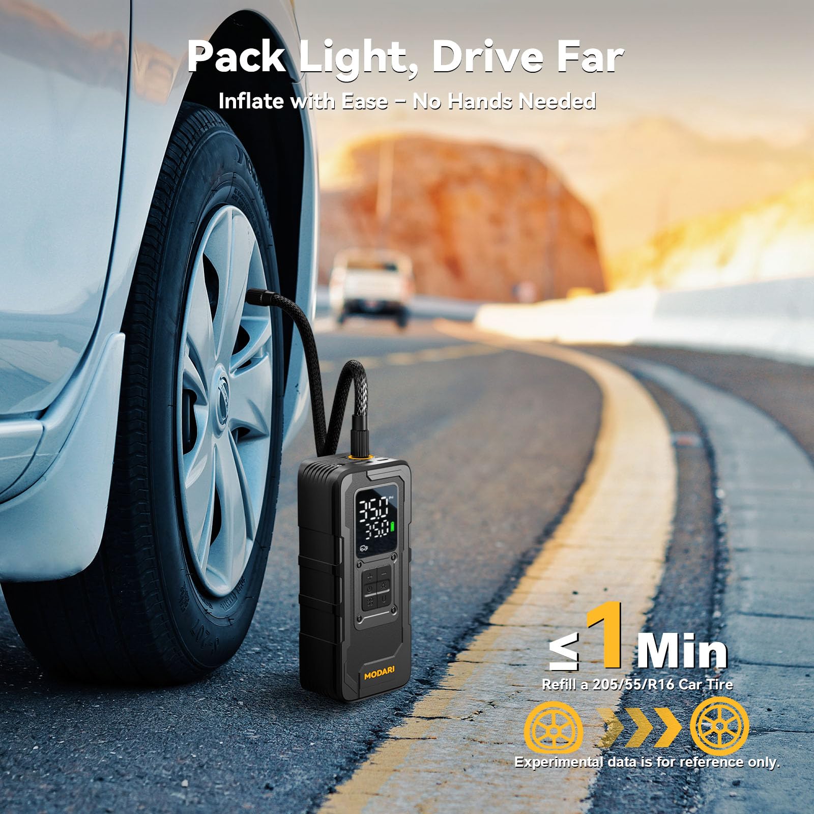 Modari portable air compressor with digital display and accessory storage.