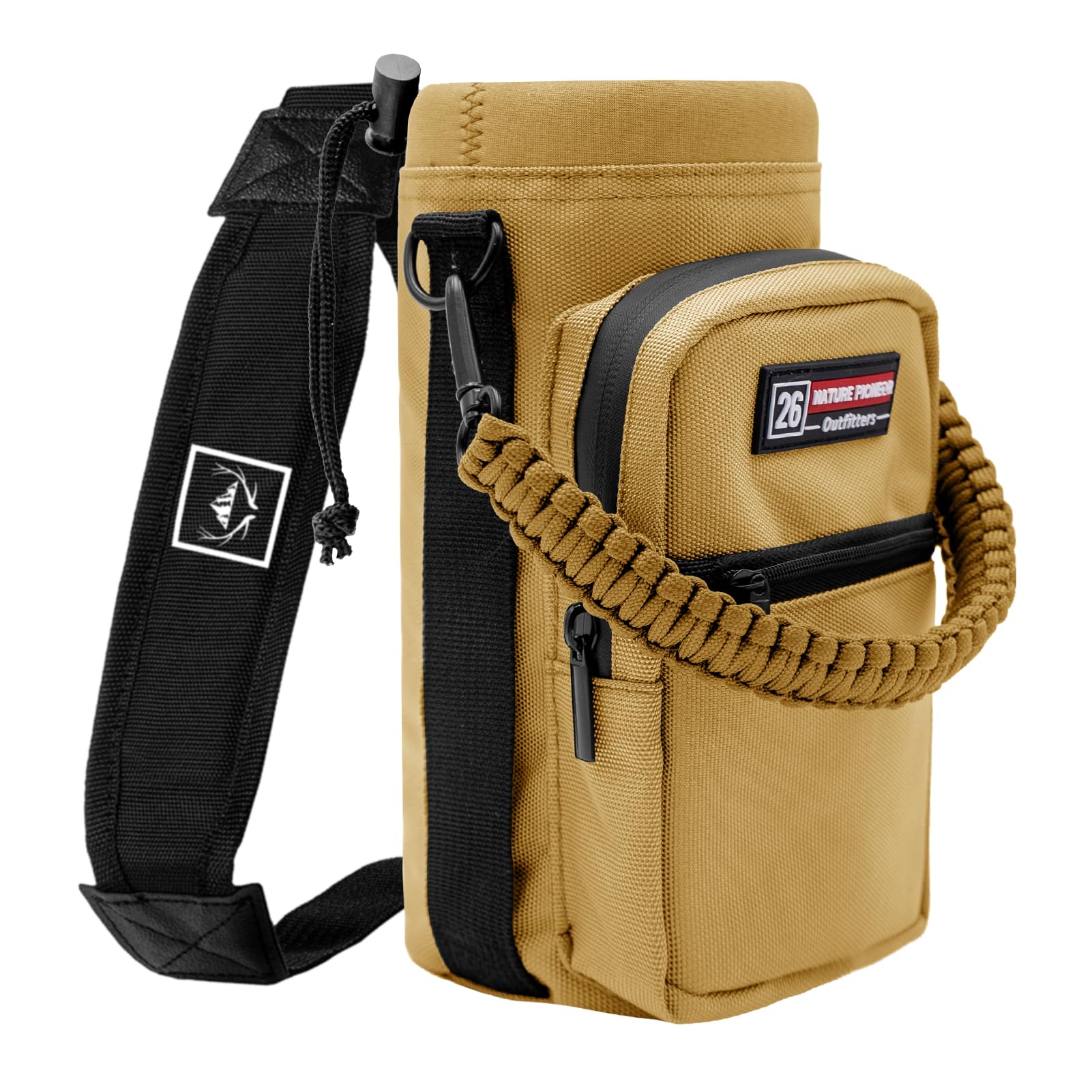 NATURE PIONEOR Water Bottle Holder with Adjustable Strap - 26/32/36/40/46/64oz Insulated Water Bottle Sling Carrier with Paracord Handle & 2 Pockets,