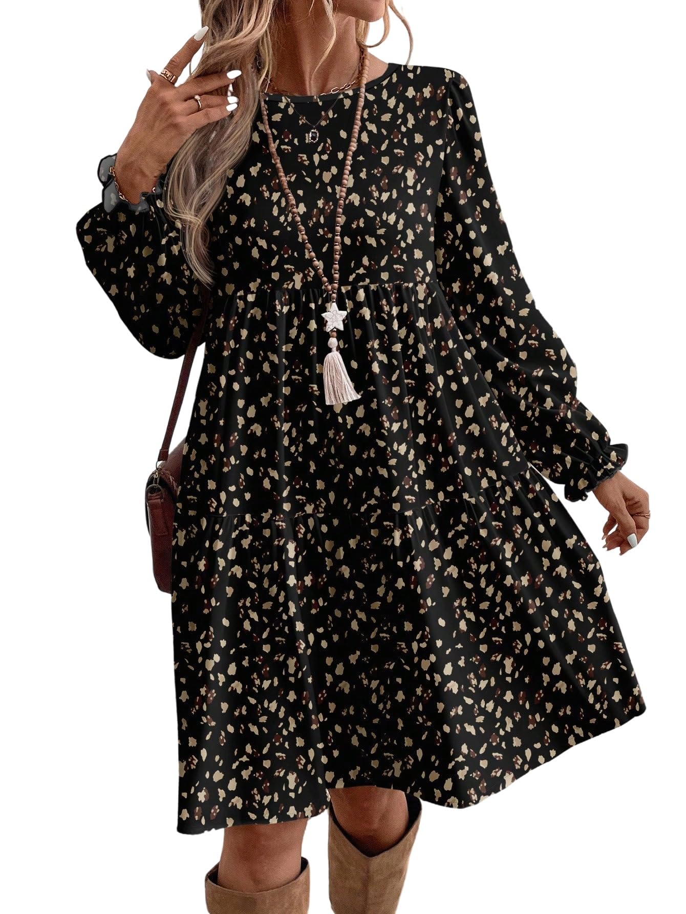 SweatyRocks Vestido de manga larga para mujer, estilo informal, informal, con flores, túnica, con volantes