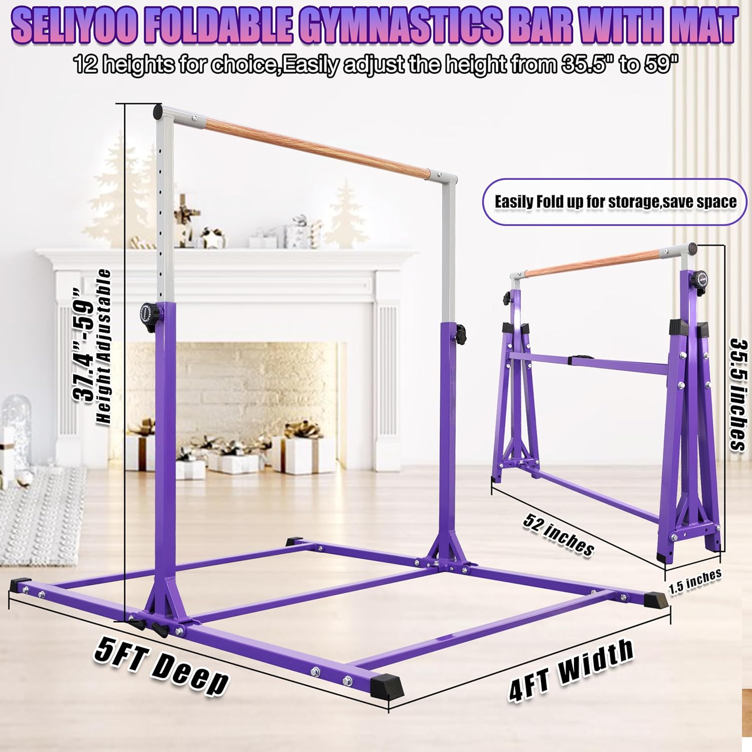 Kids Gymnastics Bar, Foldable Horizontal bar with Unique Arched Base for Home Training,Adjustable Height 35" to 59" for Kids Ages 3-18, 400 LBS Capacity,No Slip Rubber Feet Indoor Outdoors