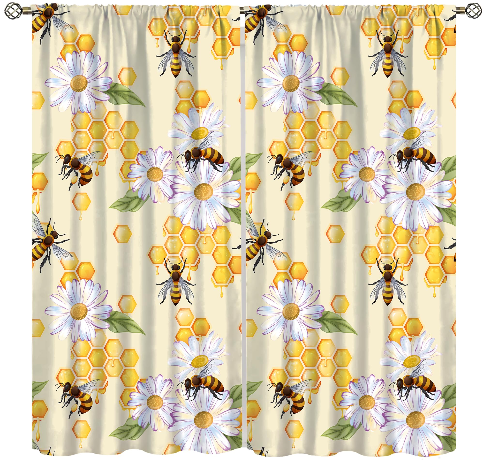 DKMQQUL Honey Bee Floral Curtains, Watercolor Yellow Honeycomb White Daisy Plants Farmhouse Drapes for Boys Girls Bedroom Living Room Kitchen Window Treatment, 42x45 Inch