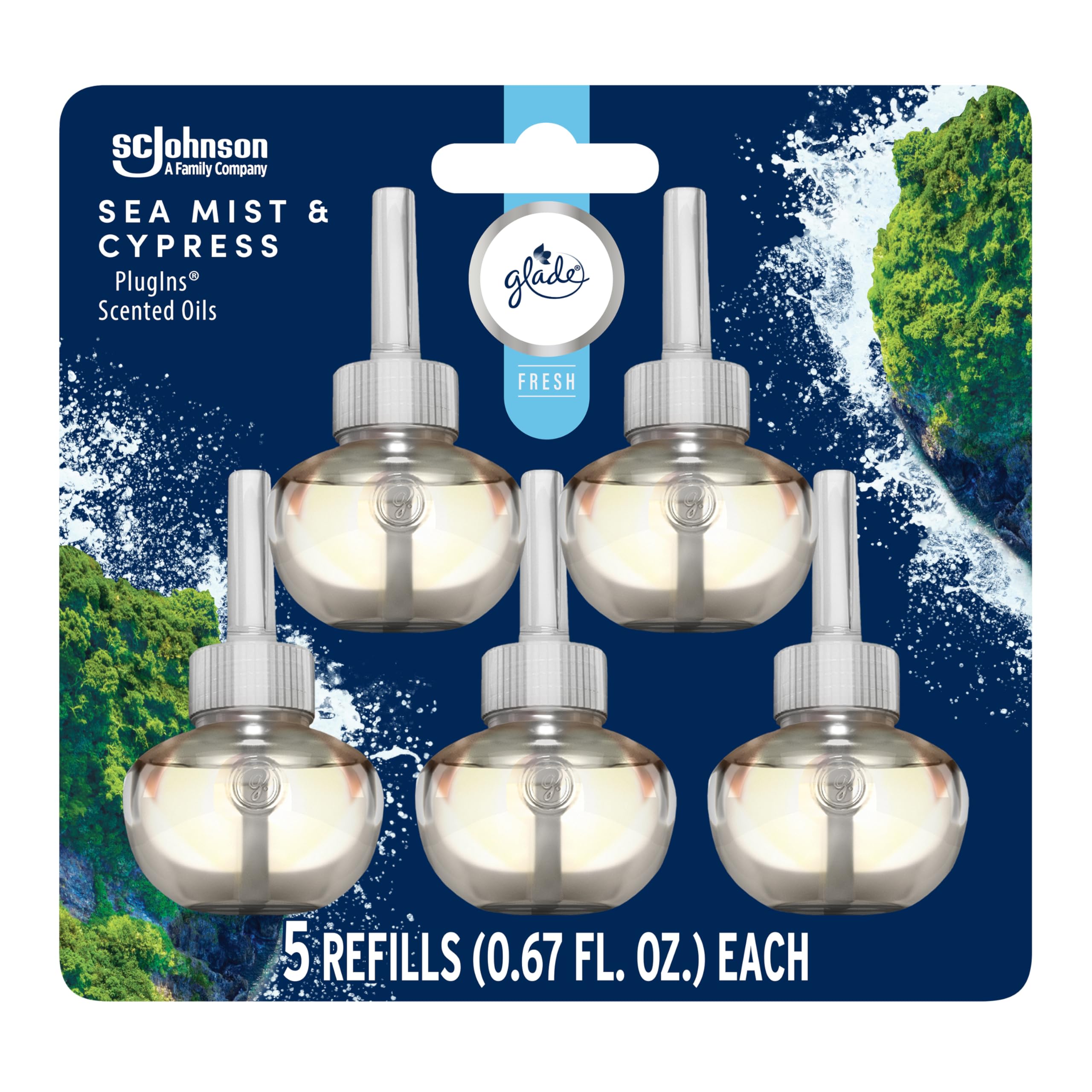 Glade PlugIns Refills Air Freshener, Sea Mist & Cypress, Scented and Essential Oils for Home and Bathroom, 0.67 Fl Oz, 5 Count