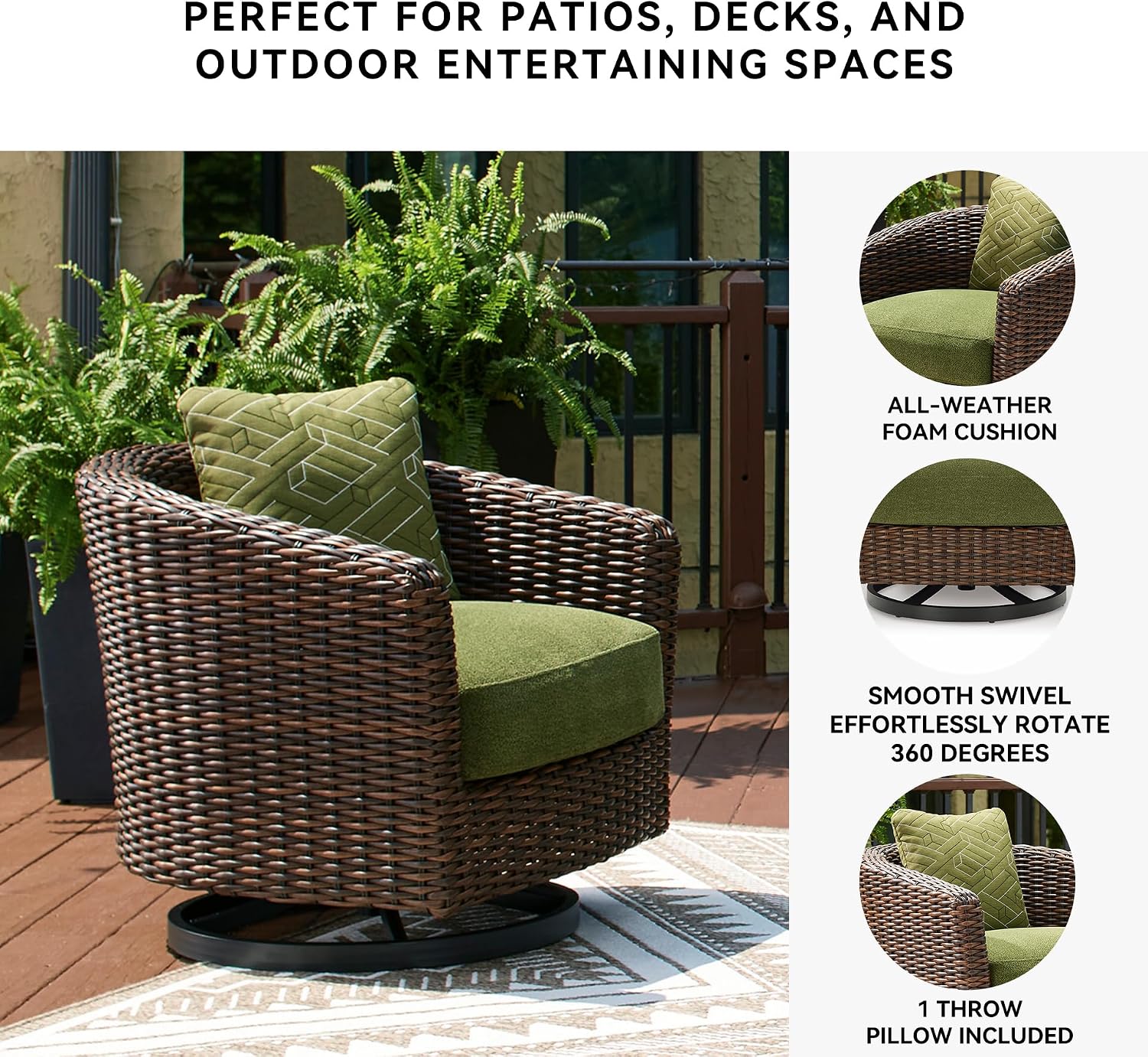 Signature Design by Ashley Horizon Hall Casual Nuvella Weather Resistant Fabric Outdoor Swivel Lounge Chair with Cushion and 1 Throw Pillow, Green & Dark Brown