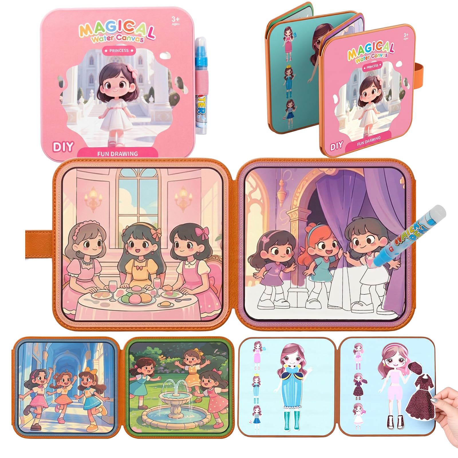 Libro de Colorear con Agua Mágico Princesas, 2 en 1 Reutilizable Libro de Pintura con Agua y Juego de Vestir con Velcro, Juguete Educativo de Viaje para Niñas de 3 a 6 Años