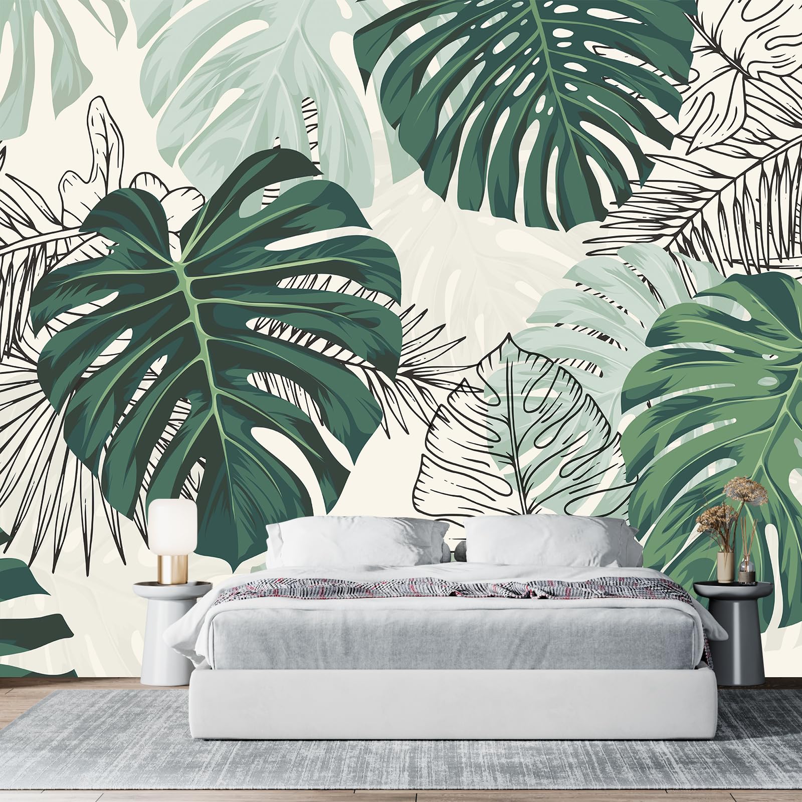 UBEOS-Hand Painted Vintage Monstera Leaf Wallpaper Tropical Plant Wall Mural for Bedroom Living Room Kids Room 114"x78" (Not Peel and Stick)