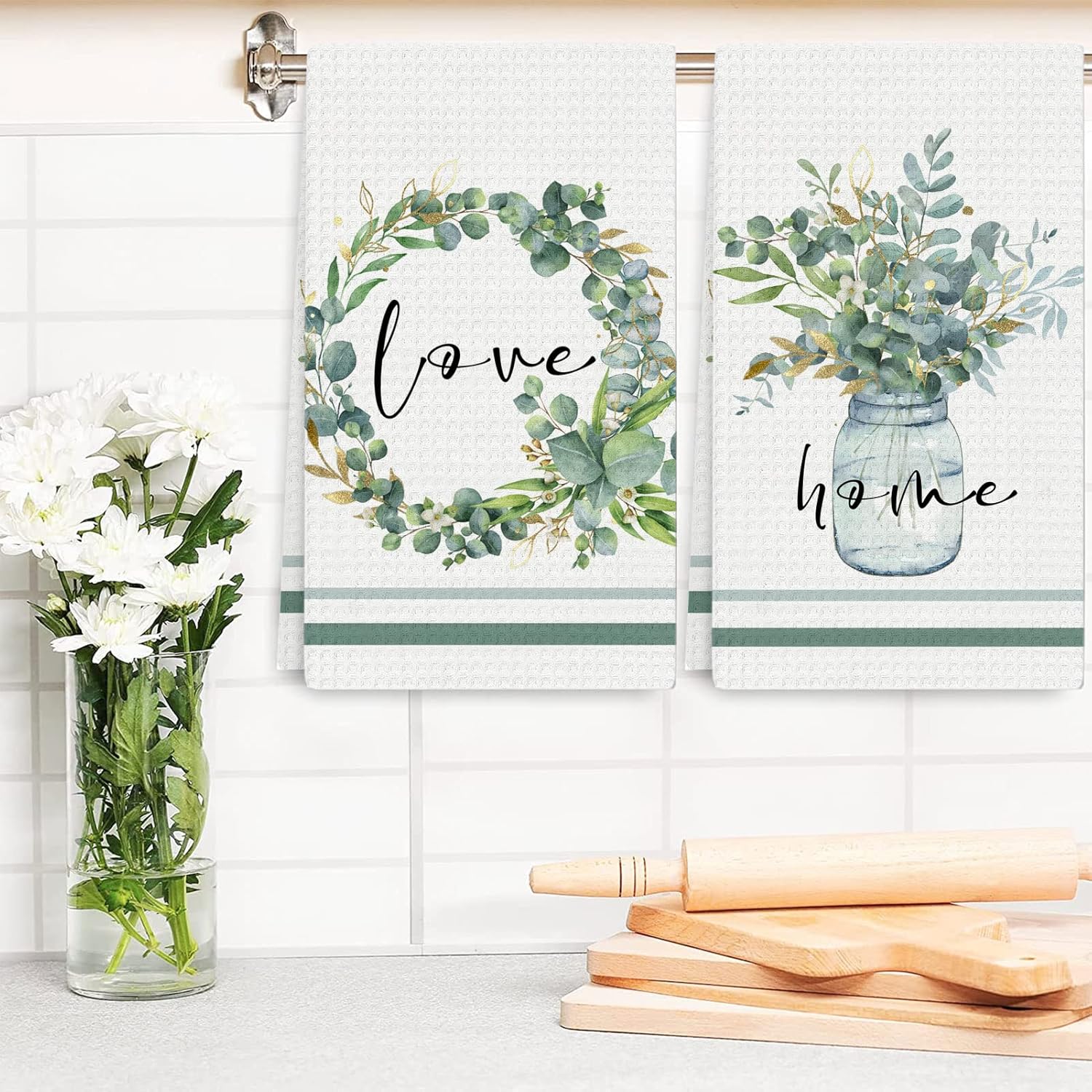 Green Eucalyptus Leaf Kitchen Towels, 4 Pack Love Sweet Home Quotes Eucalyptus Wreath Tea Dish Towels, Absorbent Drying Cloth Tea Towels for Cooking Baking,16×24IN (Green Leaves Towels) - Image 4