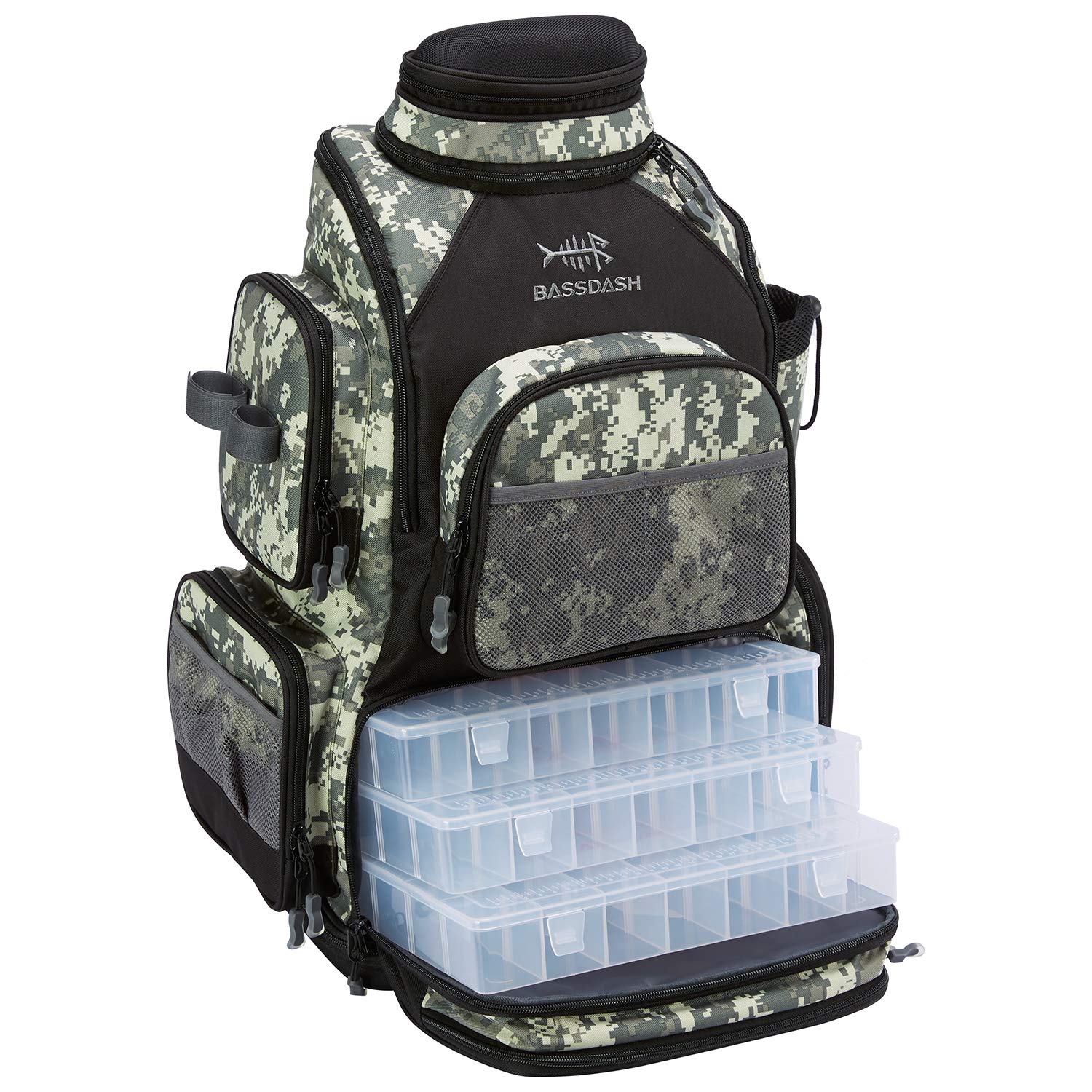 BASSDASH Fishing Tackle Backpack Water Resistant Lightweight Tactical Bag Soft Tackle Box with Rod Holder and Protective Rain Cover