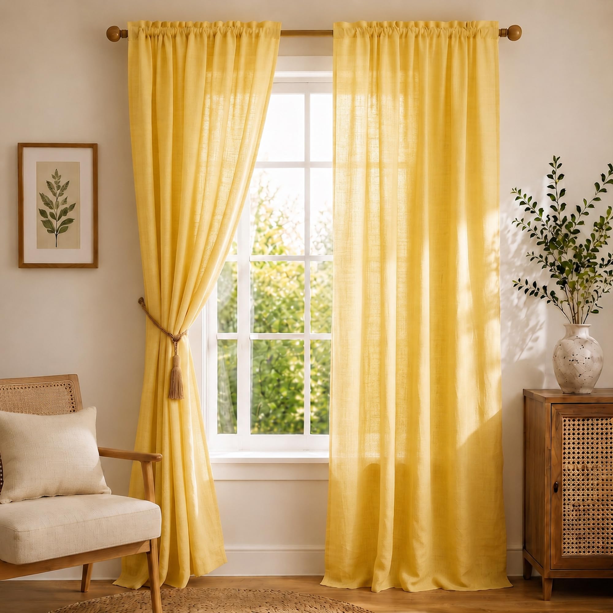 HOMEMONDE Sheer Curtains Customize - Transparent Set of 2 Curtain with Rod Pocket Top Living Room, Office Decoration - Mustard