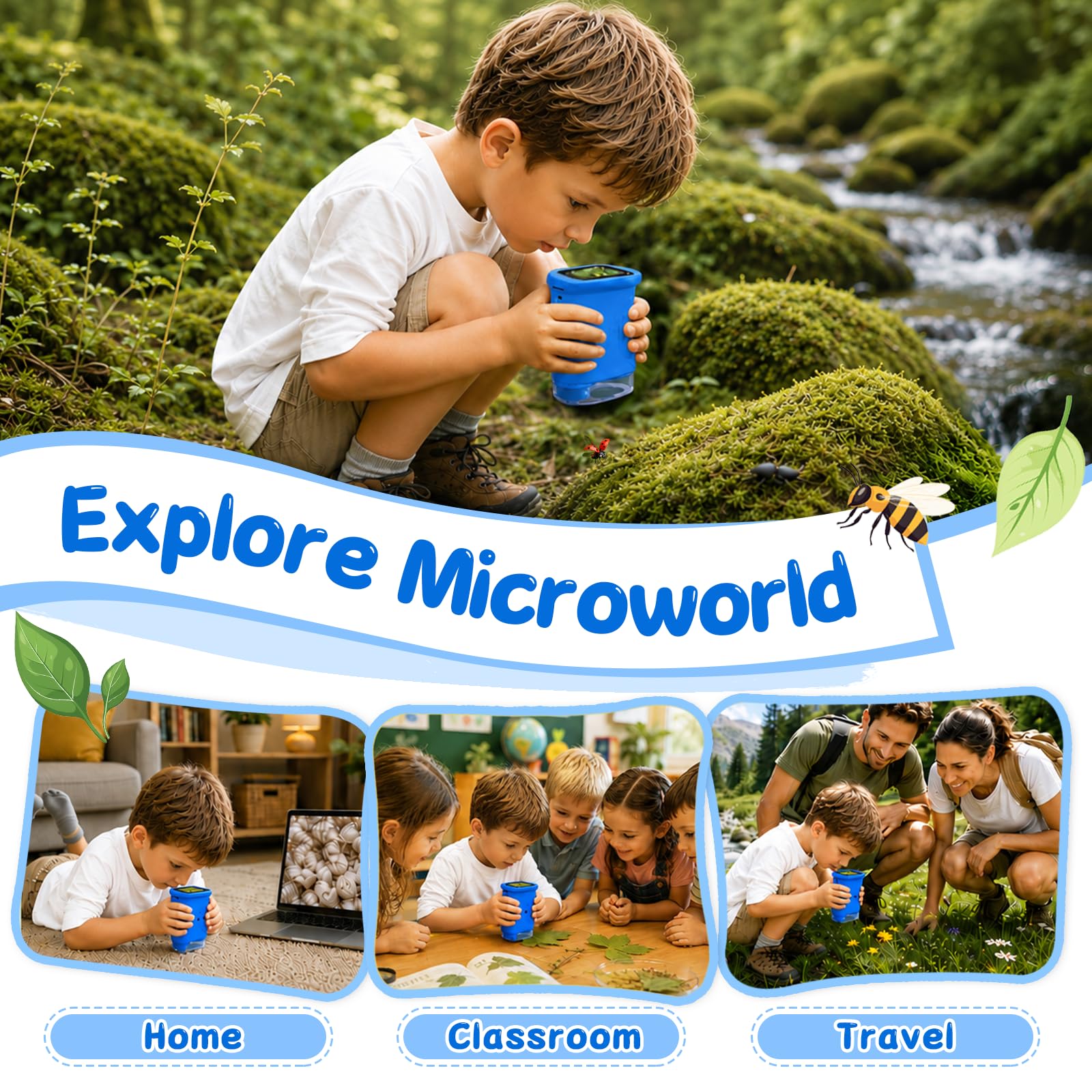 Microscopio Digitale Bambini 1000X, Microscopio Portatile con Schermo IPS 2 Pollici, 8 LED Luce Regolabile, Foto e Video, Regalo di Compleanno per Bambini Ragazzi e Ragazze (Blu)