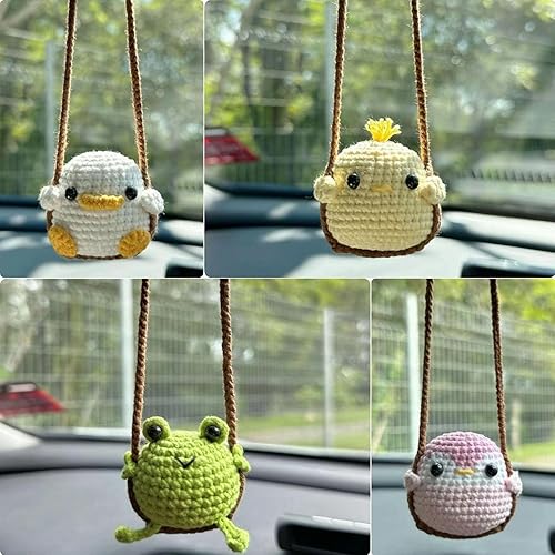 Miniatura 6 de Accesorios colgantes de coche de rana oscilante de ganchillo, bonitas decoraciones para estética de mujer, decoración de espejo retrovisor de punto