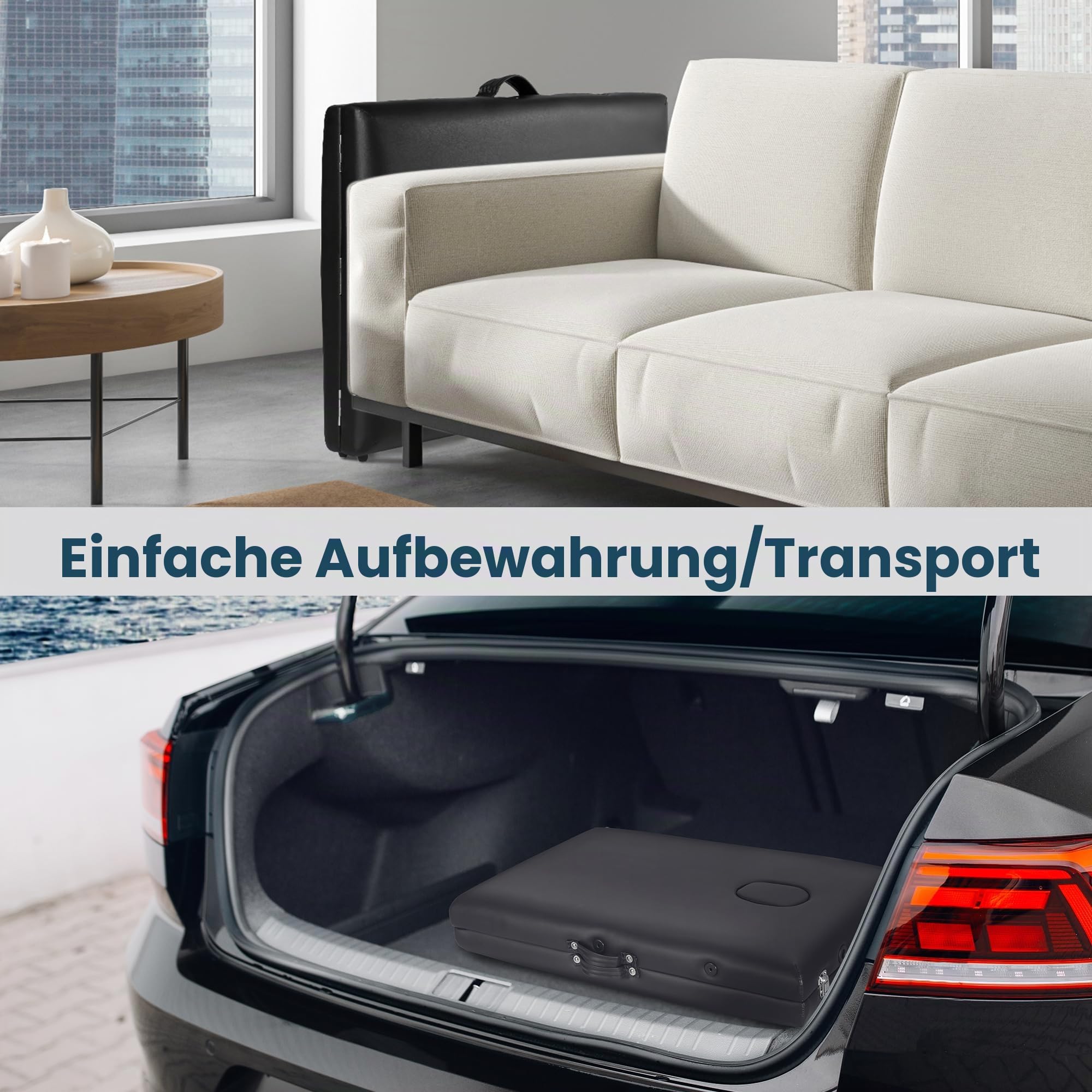 BODIOO Massageliege klappbar Mobile Massagetisch mit Holzfüßen 2-Zonen höhenverstellbar Tragebares Massagebett inkl. Kopfstütze & Armlehnen bis 250 kg Belastbar-Schwarz