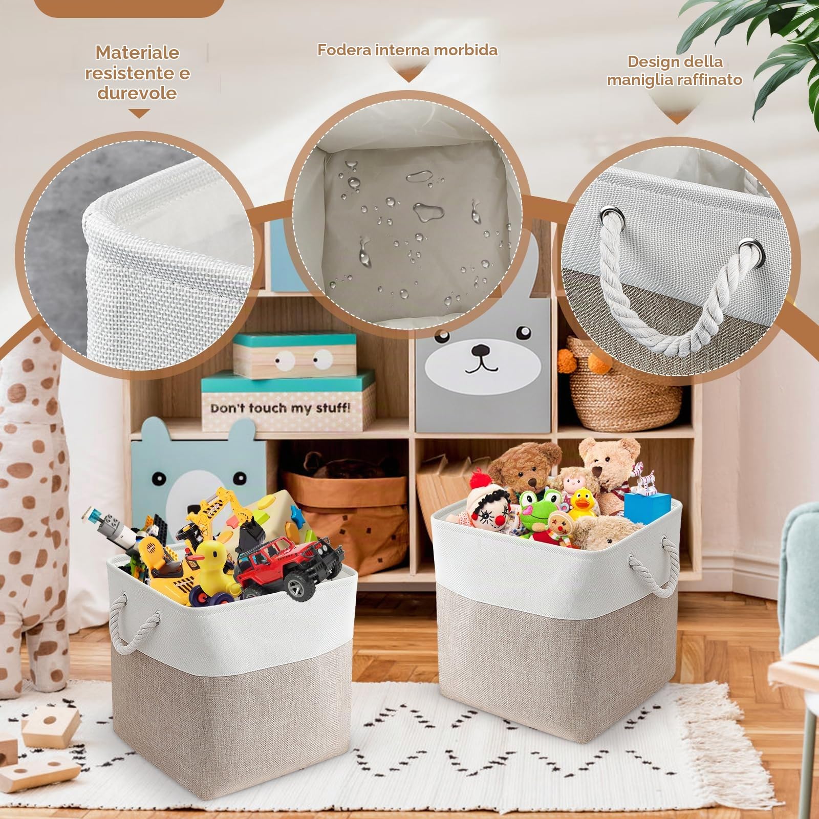 Scatole per Armadio Tessuto, Set di 4 Scatole Portaoggetti Pieghevole con Maniglia, 33x33x33cm, Cestini Portaoggetti, per Scaffali, Armadi, Giocattoli, Vestiti, Libri (Bianco+Kaki)